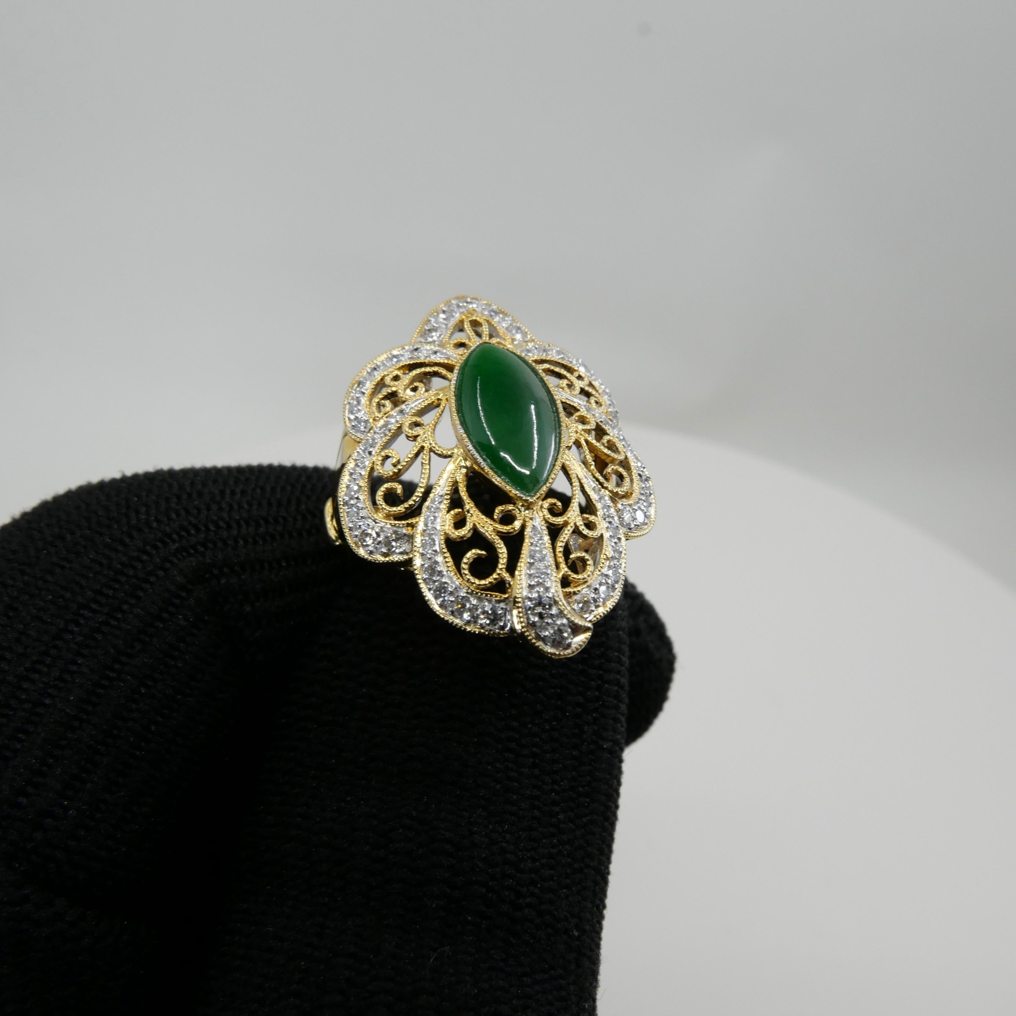 Women's Certified Jadeite Jade & Diamond Cocktail Ring, Intense Apple Green Color For Sale