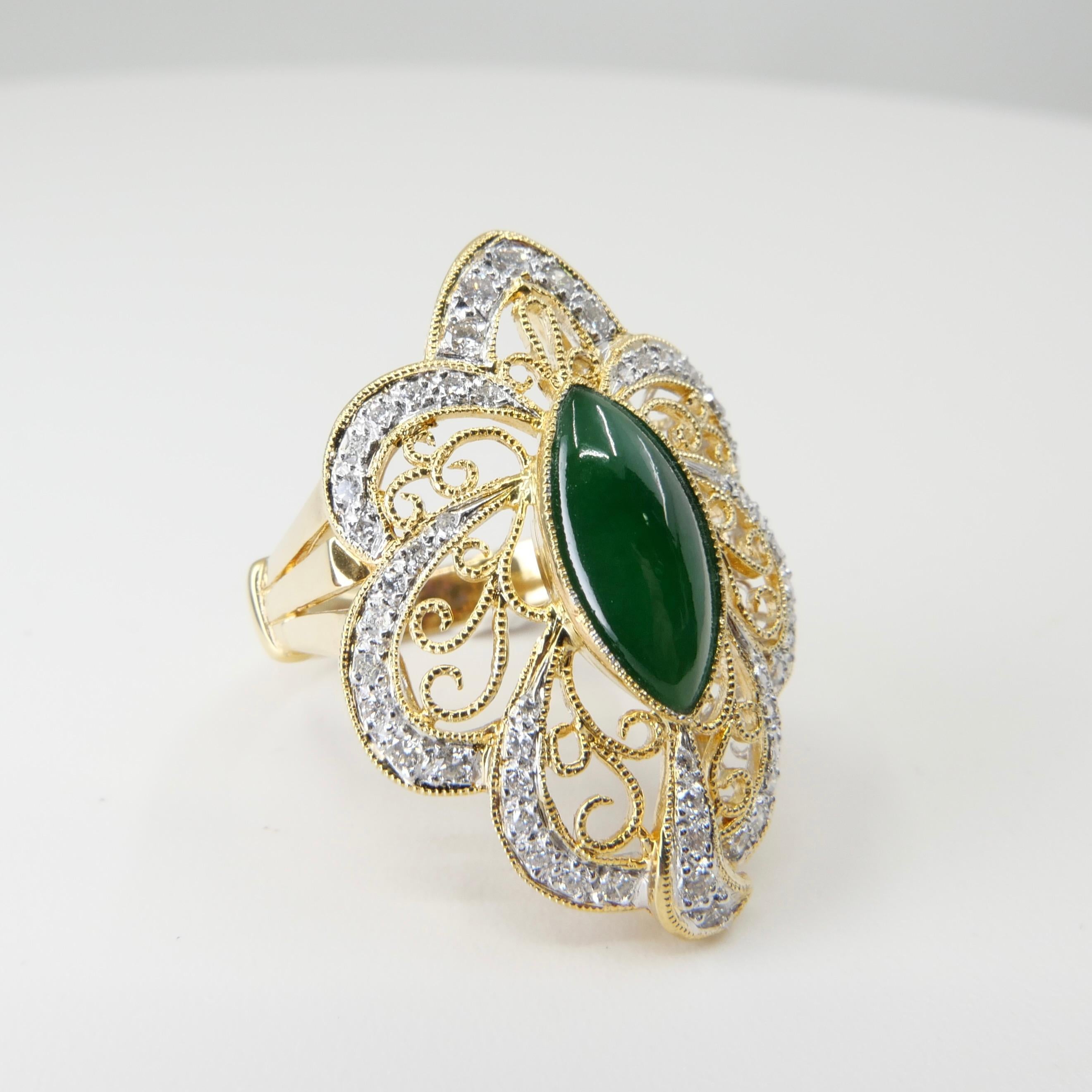 Certified Jadeite Jade & Diamond Cocktail Ring, Intense Apple Green Color For Sale 2