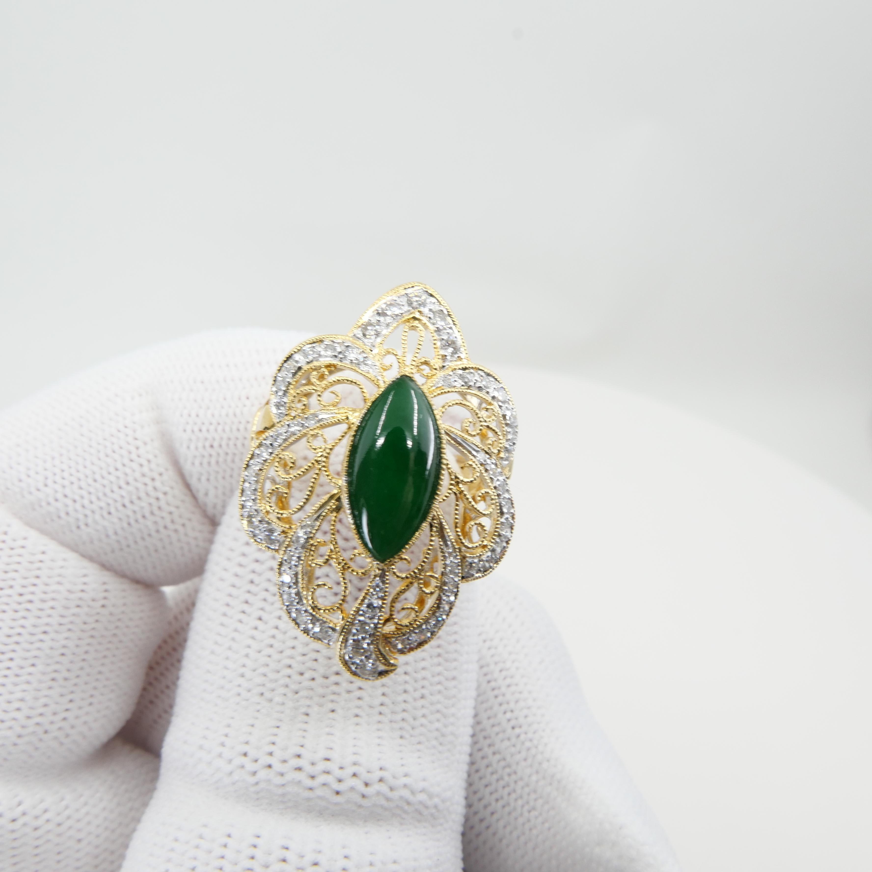 Certified Jadeite Jade & Diamond Cocktail Ring, Intense Apple Green Color For Sale 4
