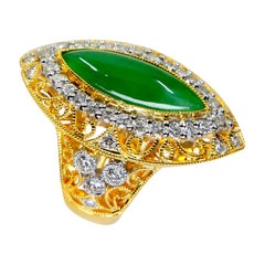 Certified Jadeite Jade & Diamond Cocktail Ring, Intense Apple Green Color, N.O.S