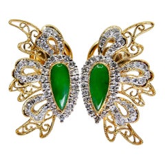 Certified Jadeite Jade & Diamond Earrings, Intense Apple Green Color, N.O.S