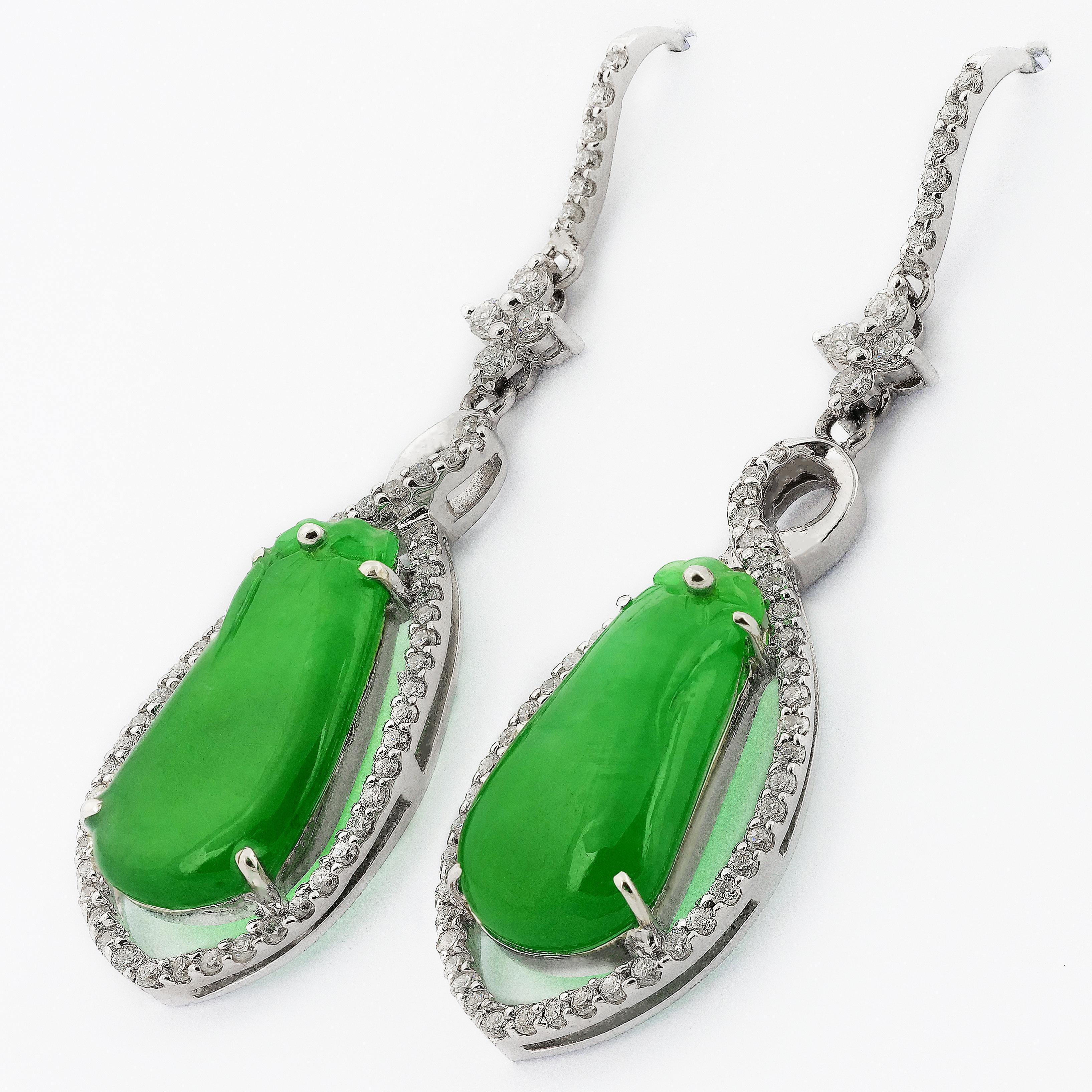 Women's Certified Jadeite Jade Natural Untreated, Pear Shape and Diamond Drop Earrings For Sale