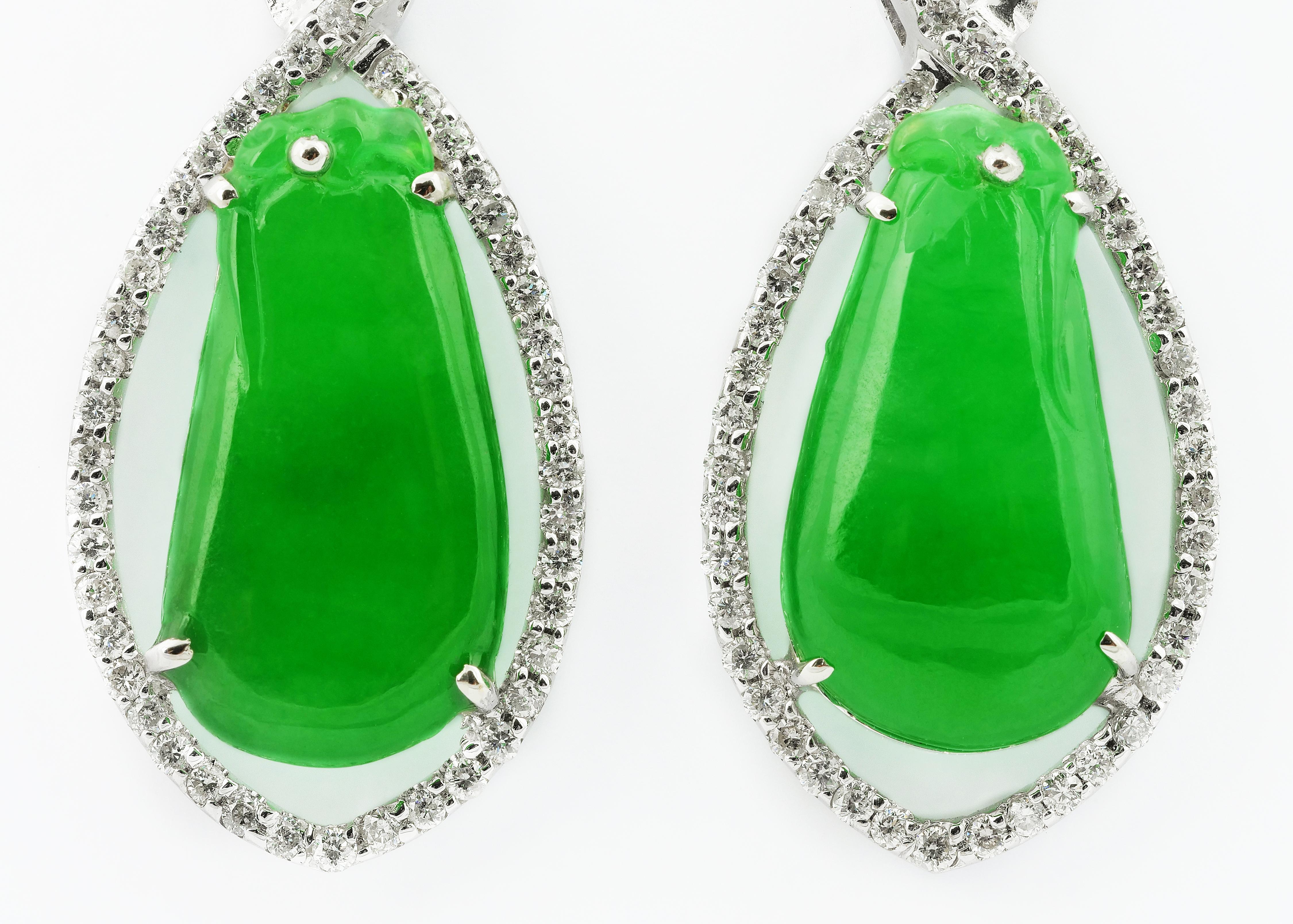 Certified Jadeite Jade Natural Untreated, Pear Shape and Diamond Drop Earrings For Sale 1