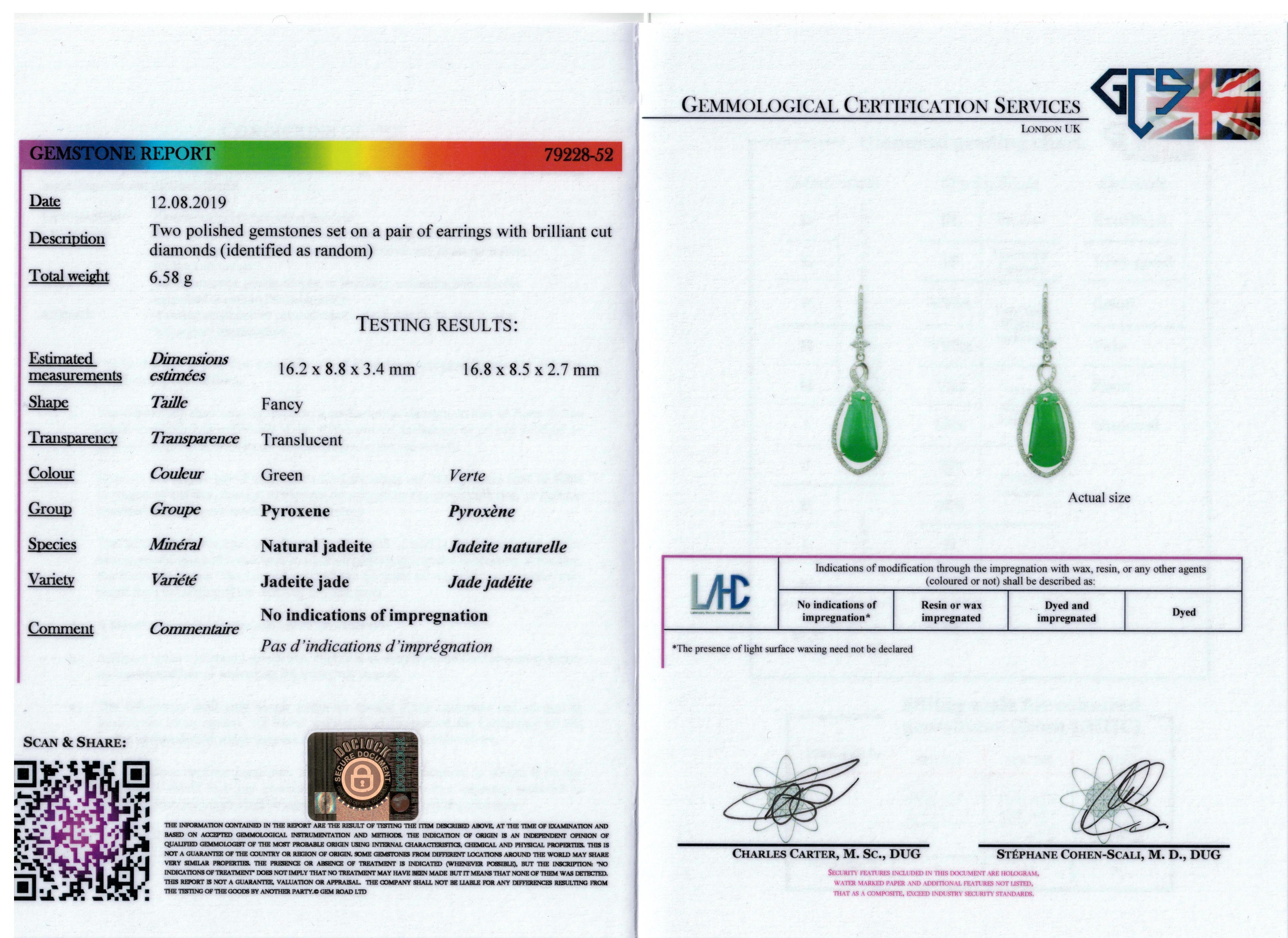 Boucles d'oreilles en goutte en jadéite certifiée, jade naturel non traité, en forme de poire et diamants en vente 3
