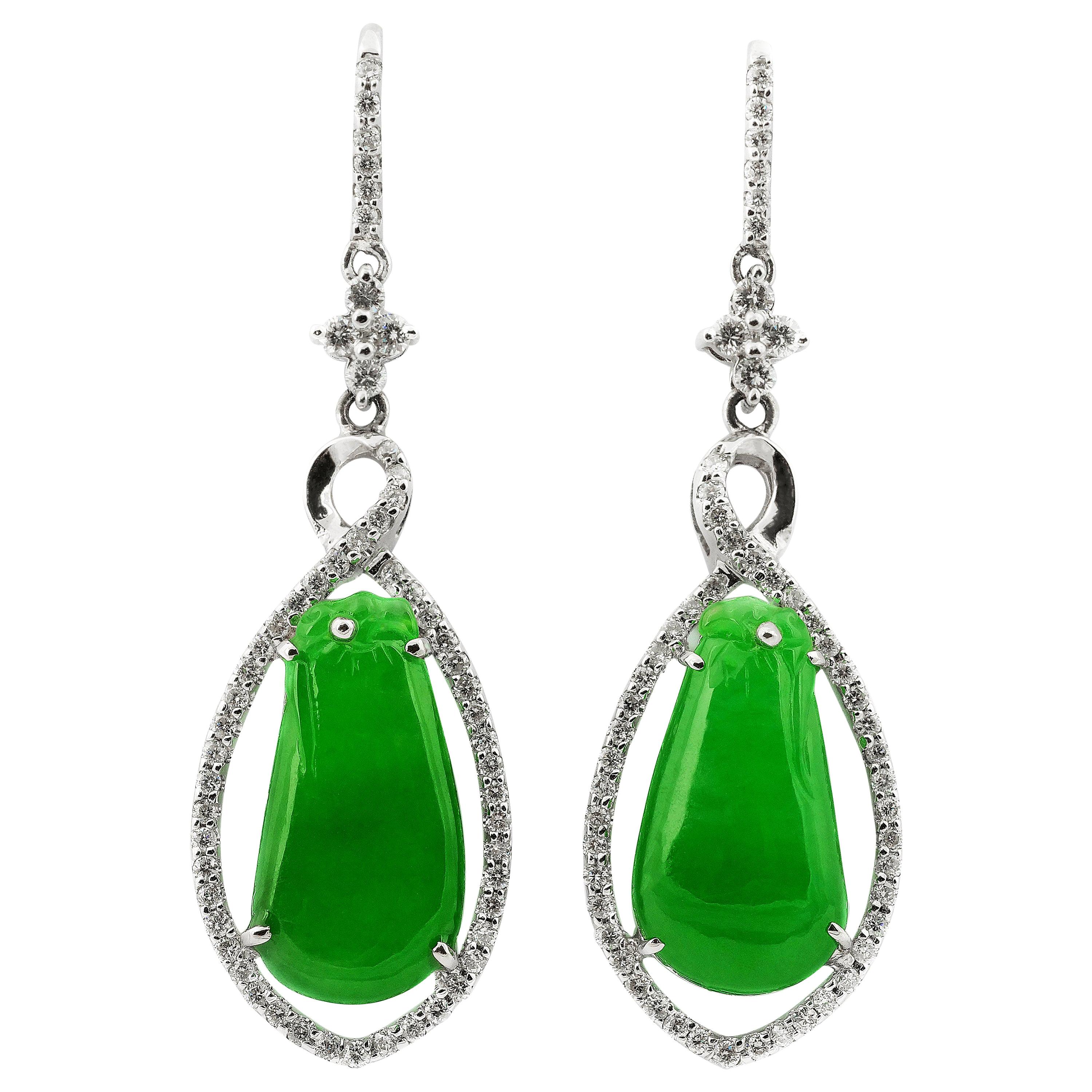 Certified Jadeite Jade Natural Untreated, Pear Shape and Diamond Drop Earrings For Sale
