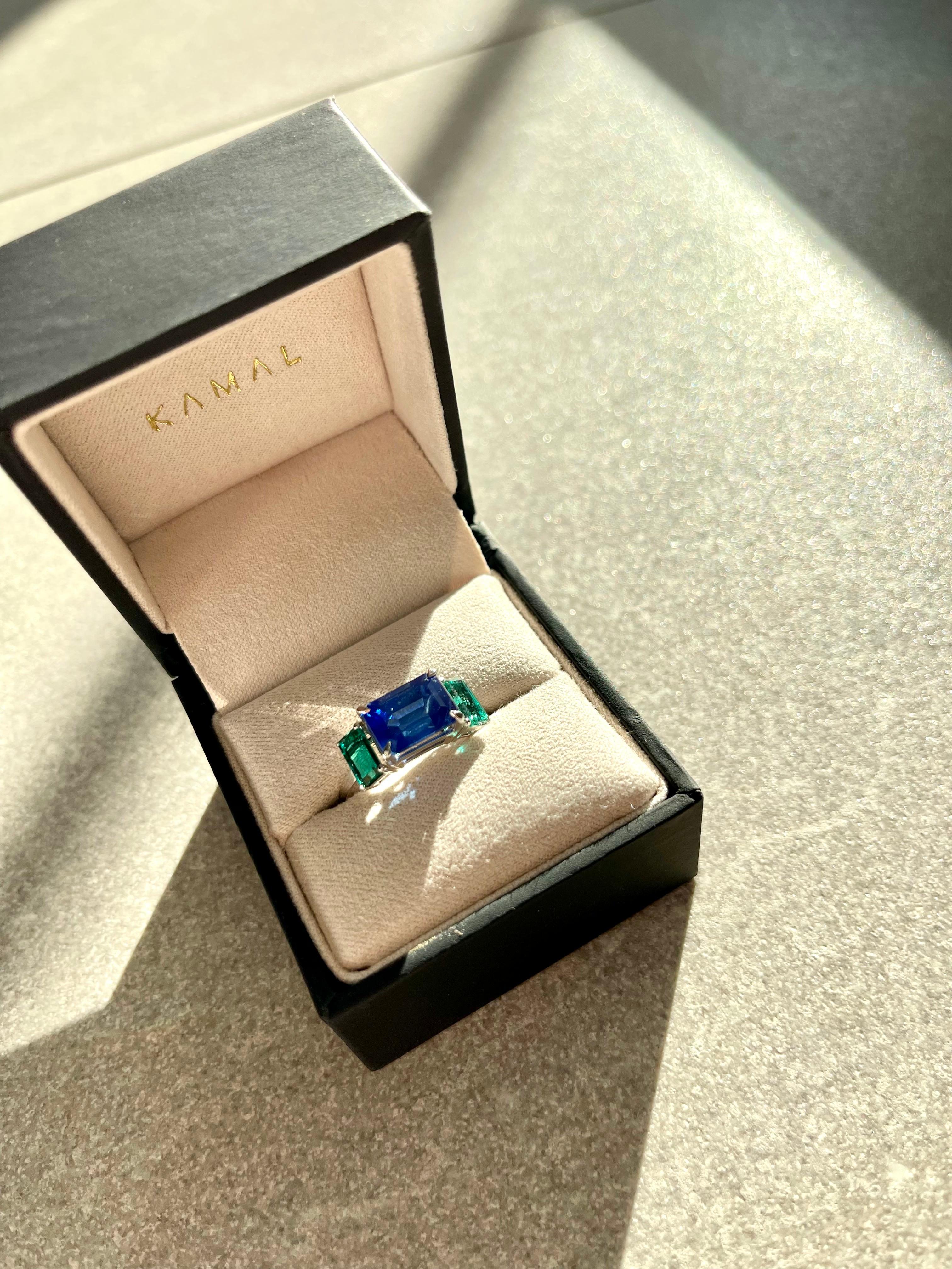For Sale:  Certified Kashmir 4 CT. Sapphire and Columbian Emerald Cocktail Ring 6
