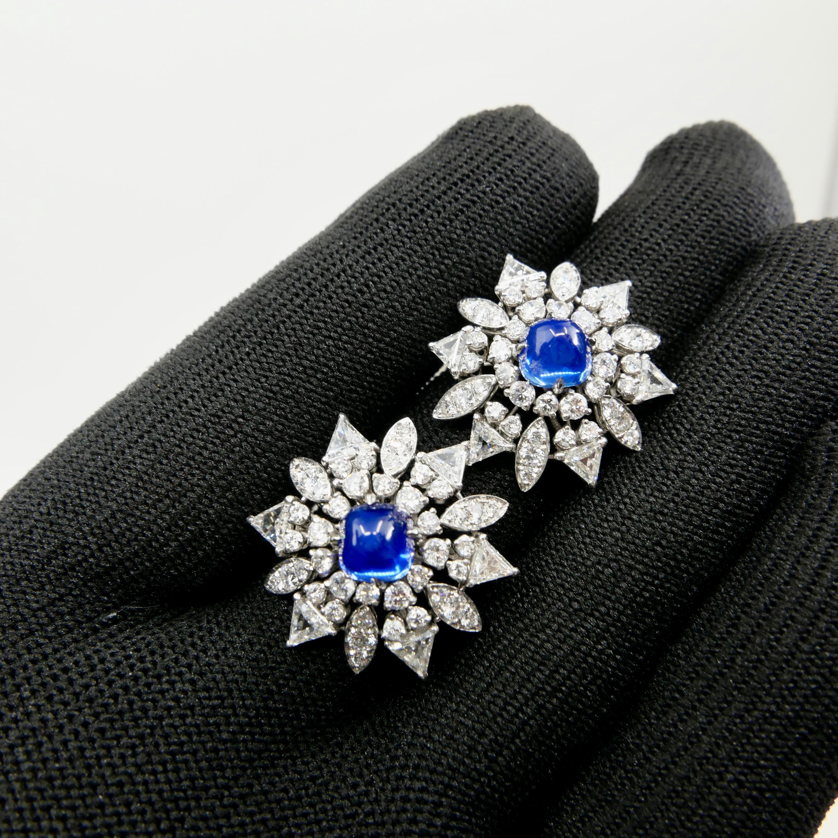 Sugarloaf Cabochon Certified Kashmir Sapphire No Heat Diamond Cluster Earrings, Cornflower Blue