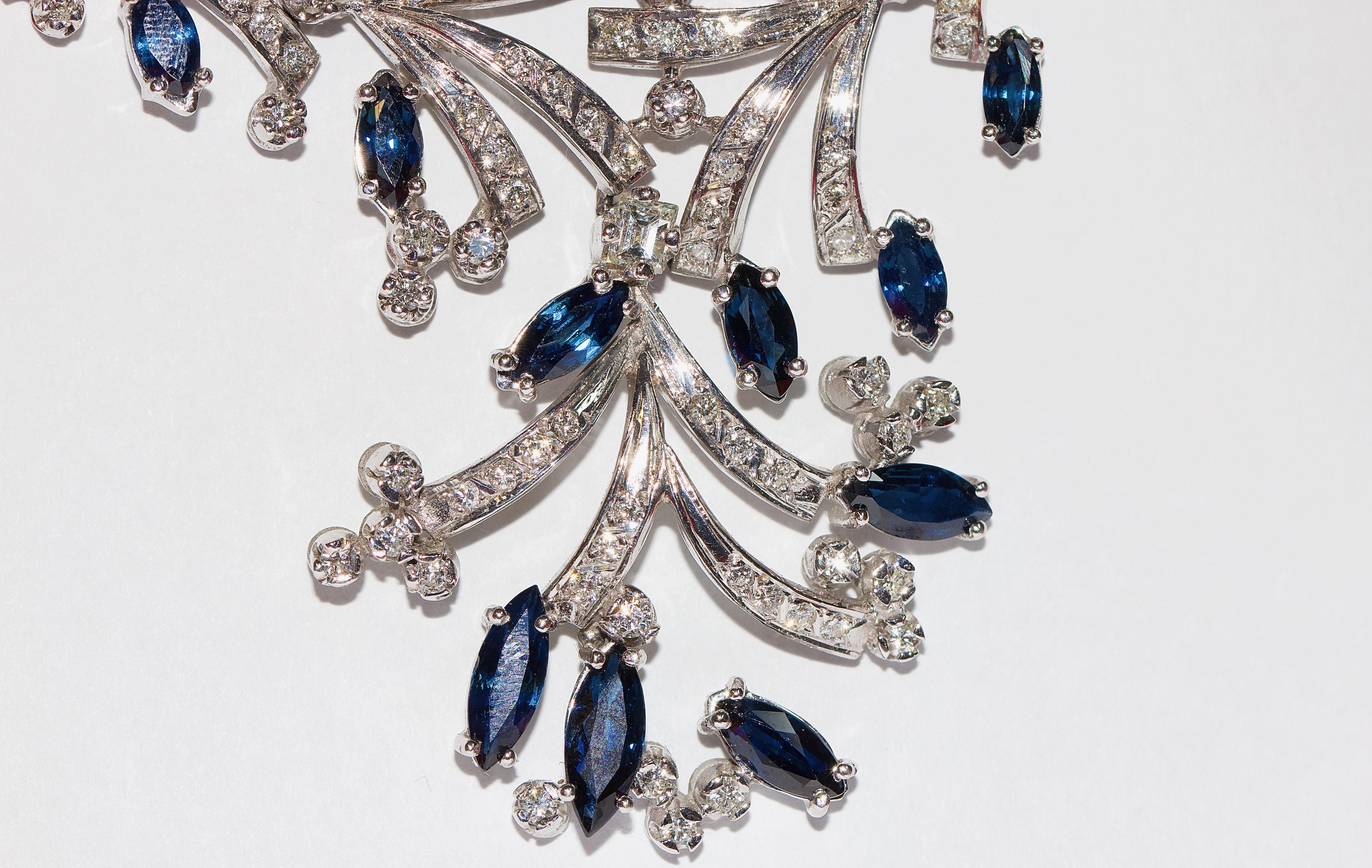 Women's Certified Ladies Necklace in 14 Karat White Gold Set with Diamonds and Sapphires