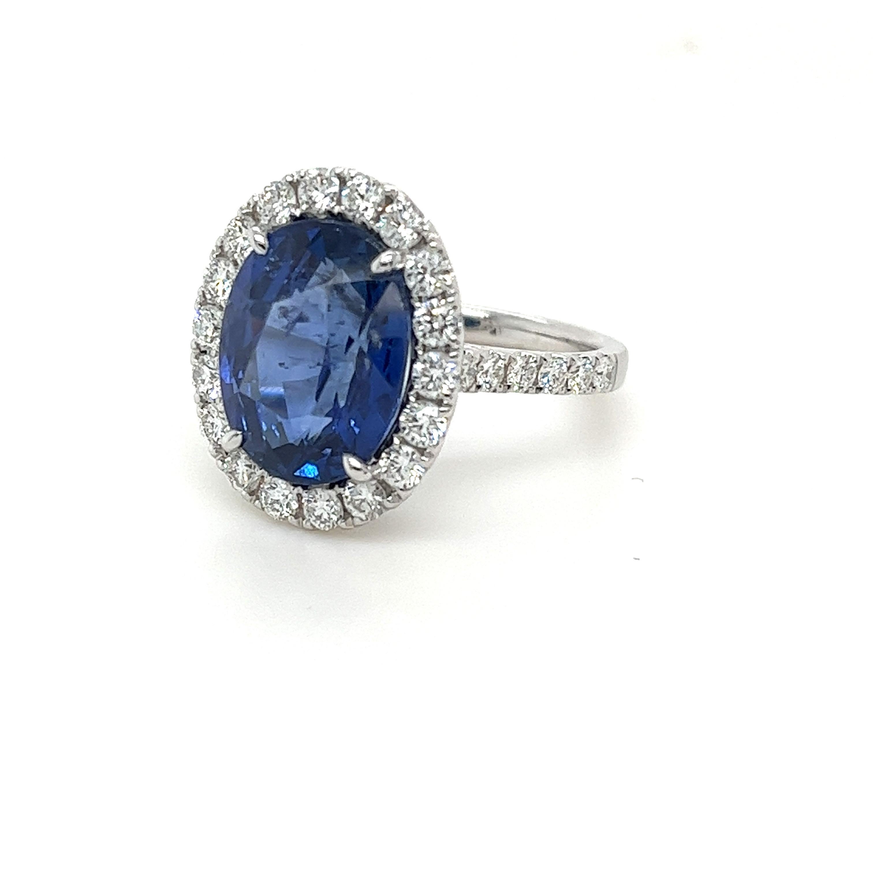 CDC certified oval Ceylon Sapphire weighing 7.83 carats
Measuring (13.18x10.34x6.59) mm
Diamonds weighing 1.14 carats
G-SI1
Set in 18k white gold ring
5.77 g
