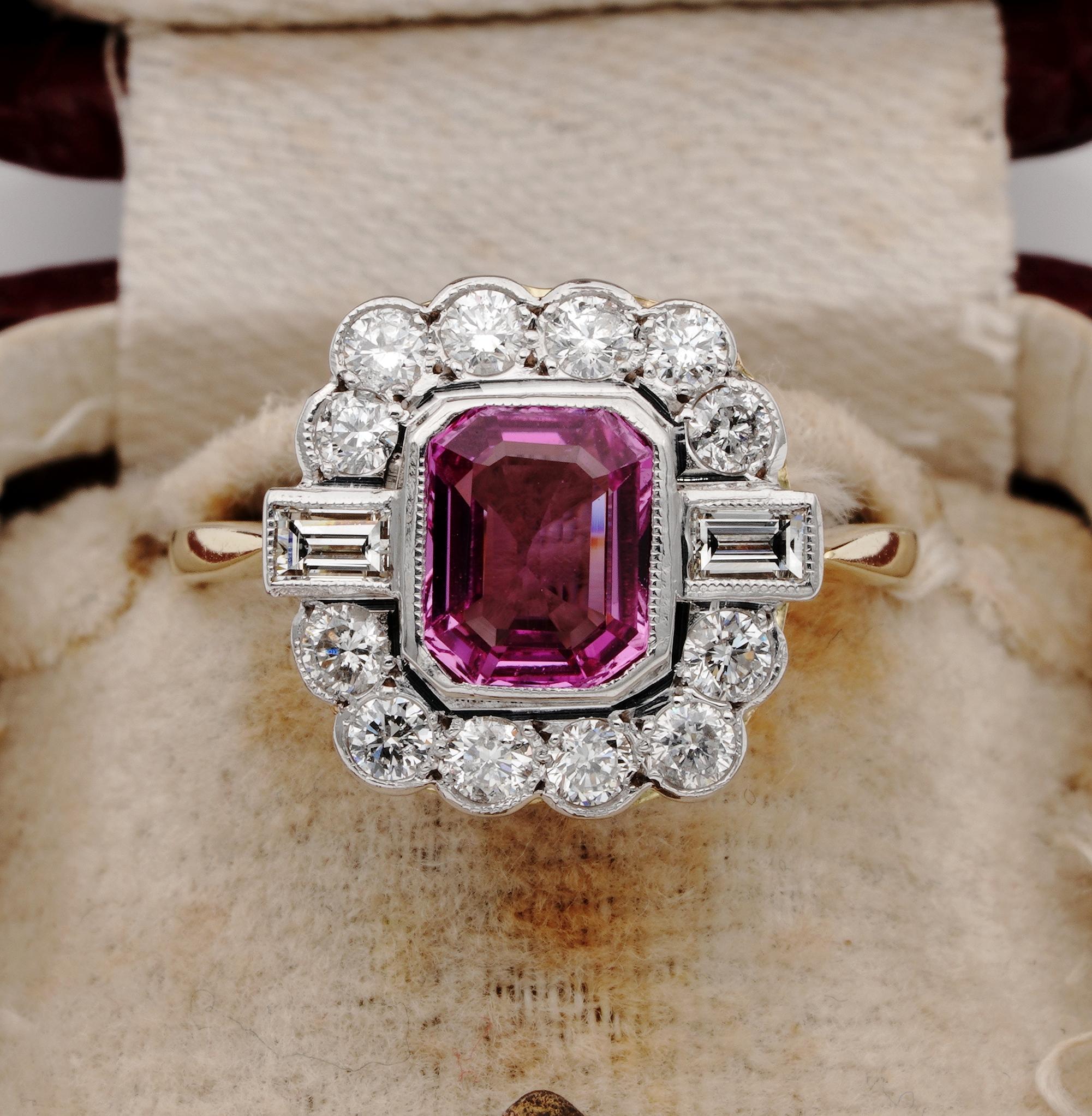 Colour Magnetism

Fall in love as much as we did with this extremely fine late Art Deco Natural Sapphire and Diamond ring
Magnetic Pink Natural NO HEAT Sapphire of 1.40 CT is the star of this ring, Beautiful totally untreated Emerald cut to fit the