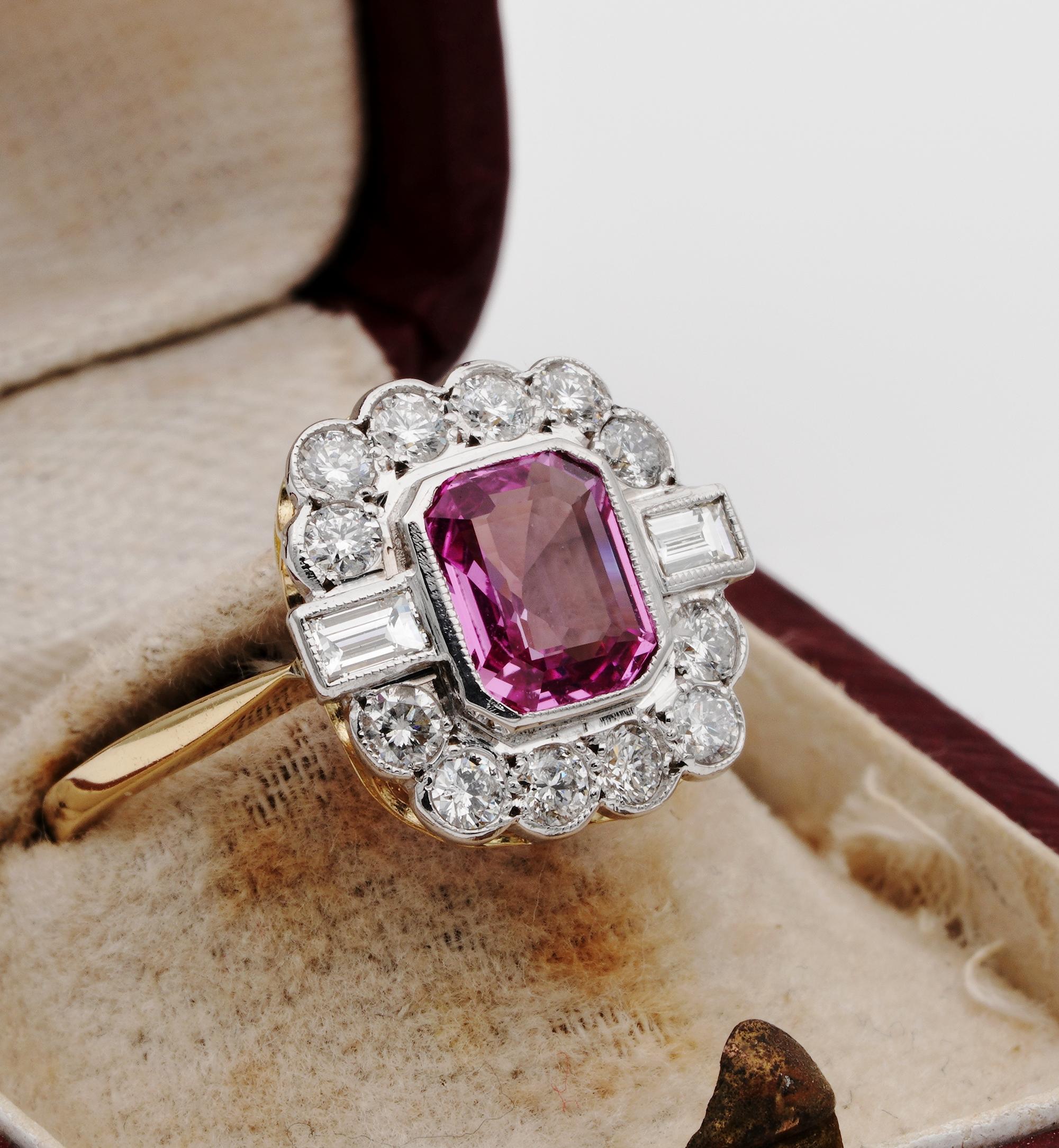 Women's Certified Late Art Deco 1.40 Carat Natural Pink Sapphire and Diamond PT Ring For Sale