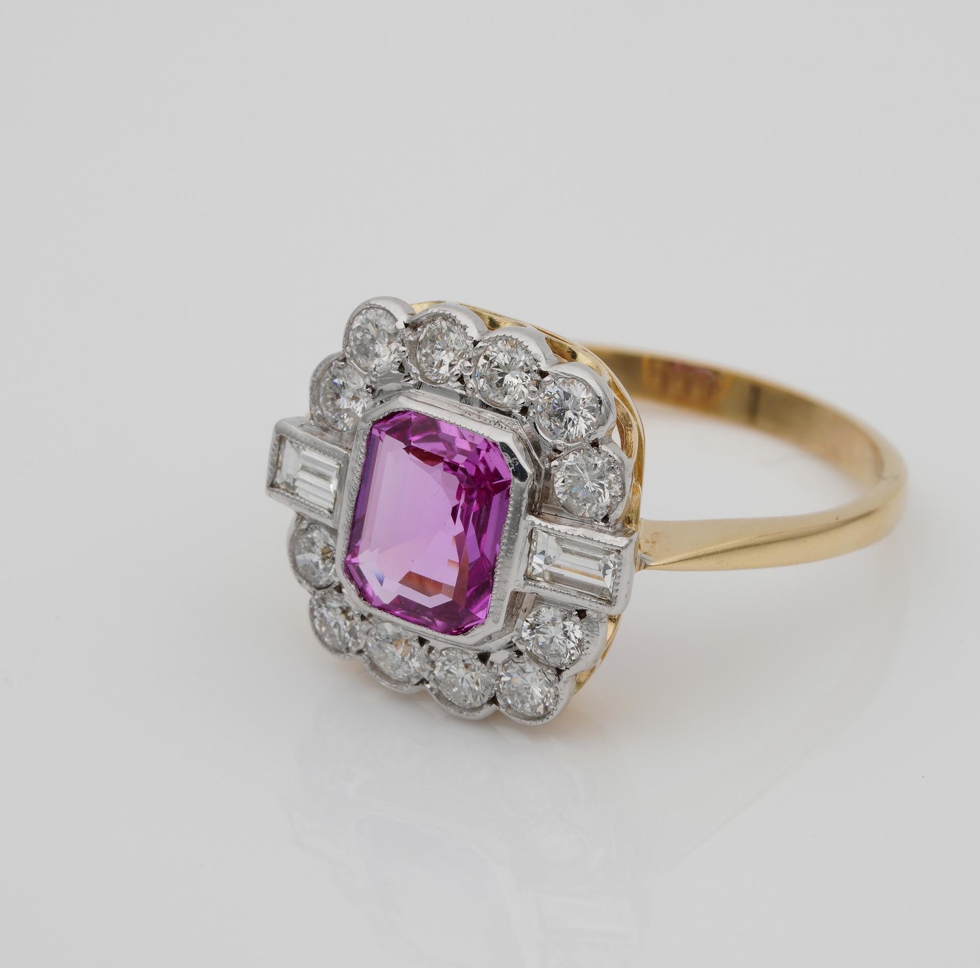Certified Late Art Deco 1.40 Carat Natural Pink Sapphire and Diamond PT Ring For Sale 1