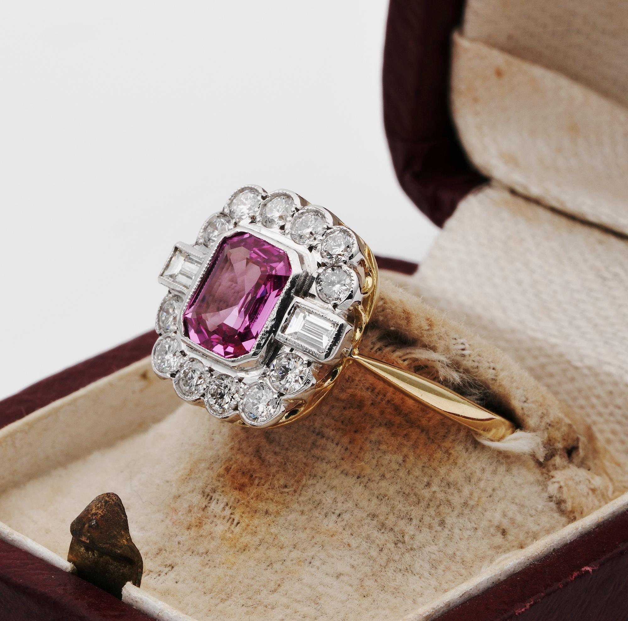 Certified Late Art Deco 1.40 Carat Natural Pink Sapphire and Diamond PT Ring For Sale 2
