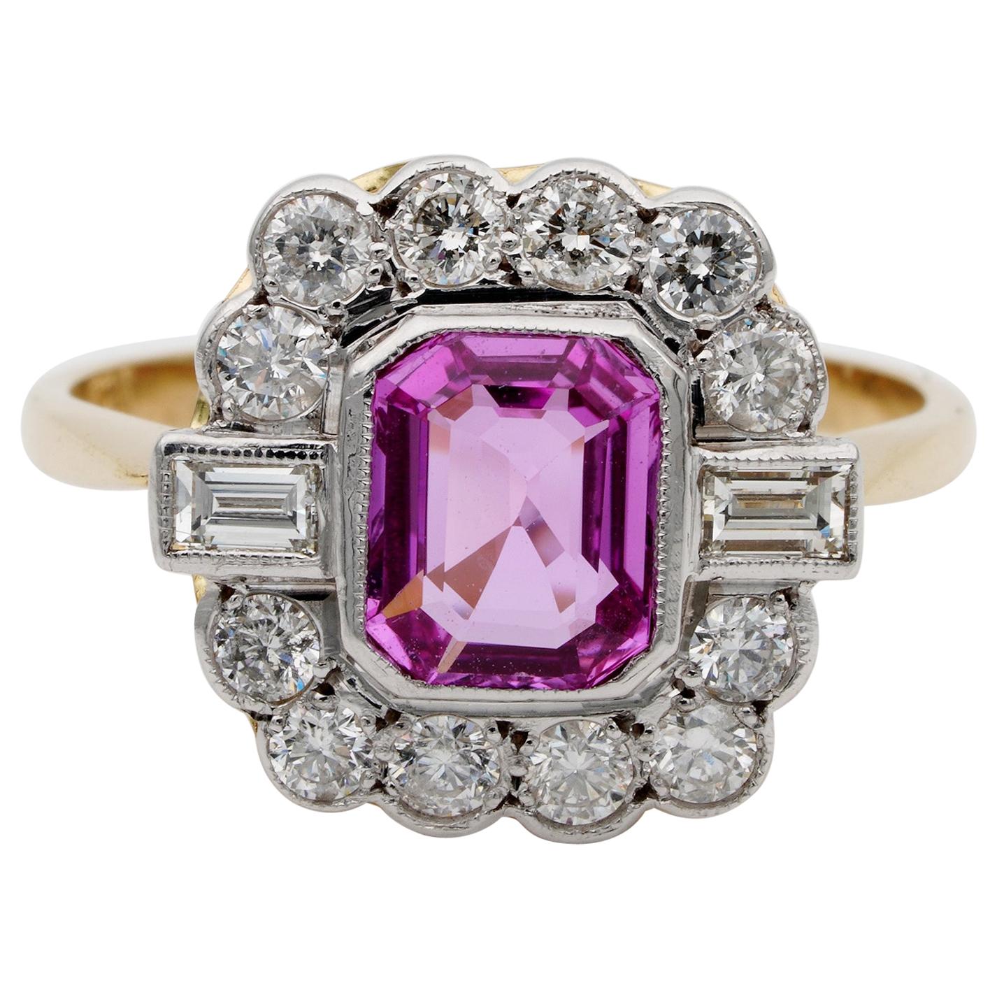 Certified Late Art Deco 1.40 Carat Natural Pink Sapphire and Diamond PT Ring For Sale