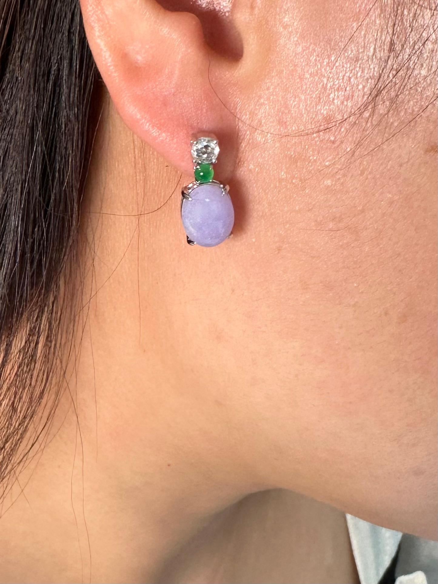 Certified Lavender & Apple Green Jade & Rose Cut Diamond Drop Earrings For Sale 7