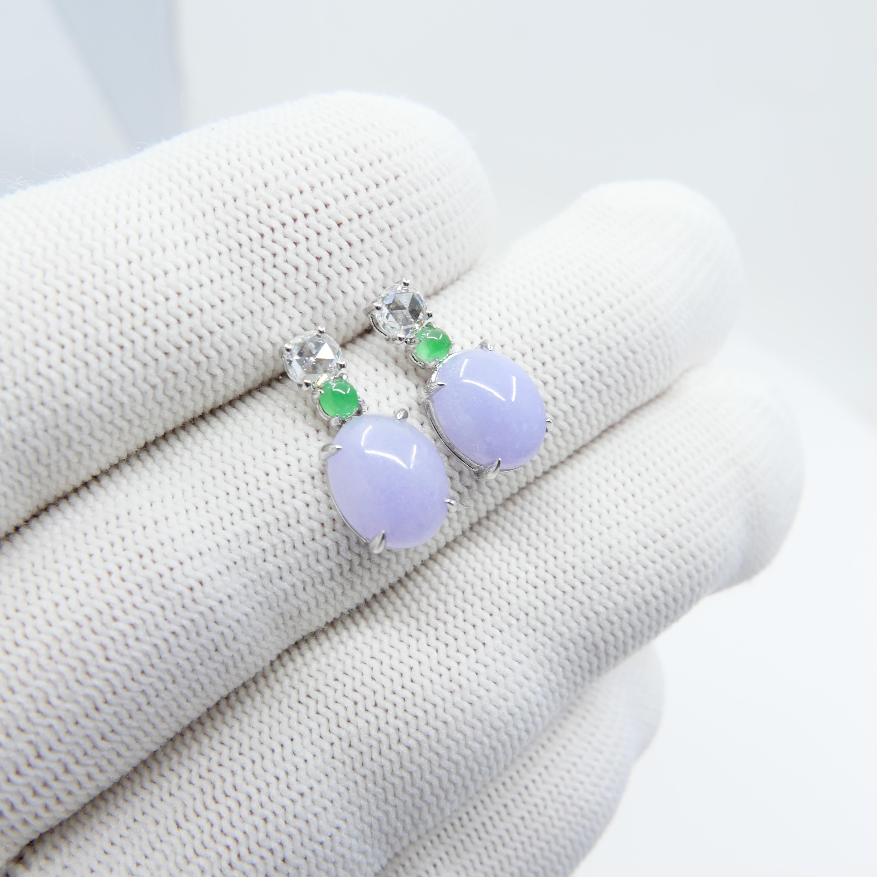 Certified Lavender & Apple Green Jade & Rose Cut Diamond Drop Earrings For Sale 12