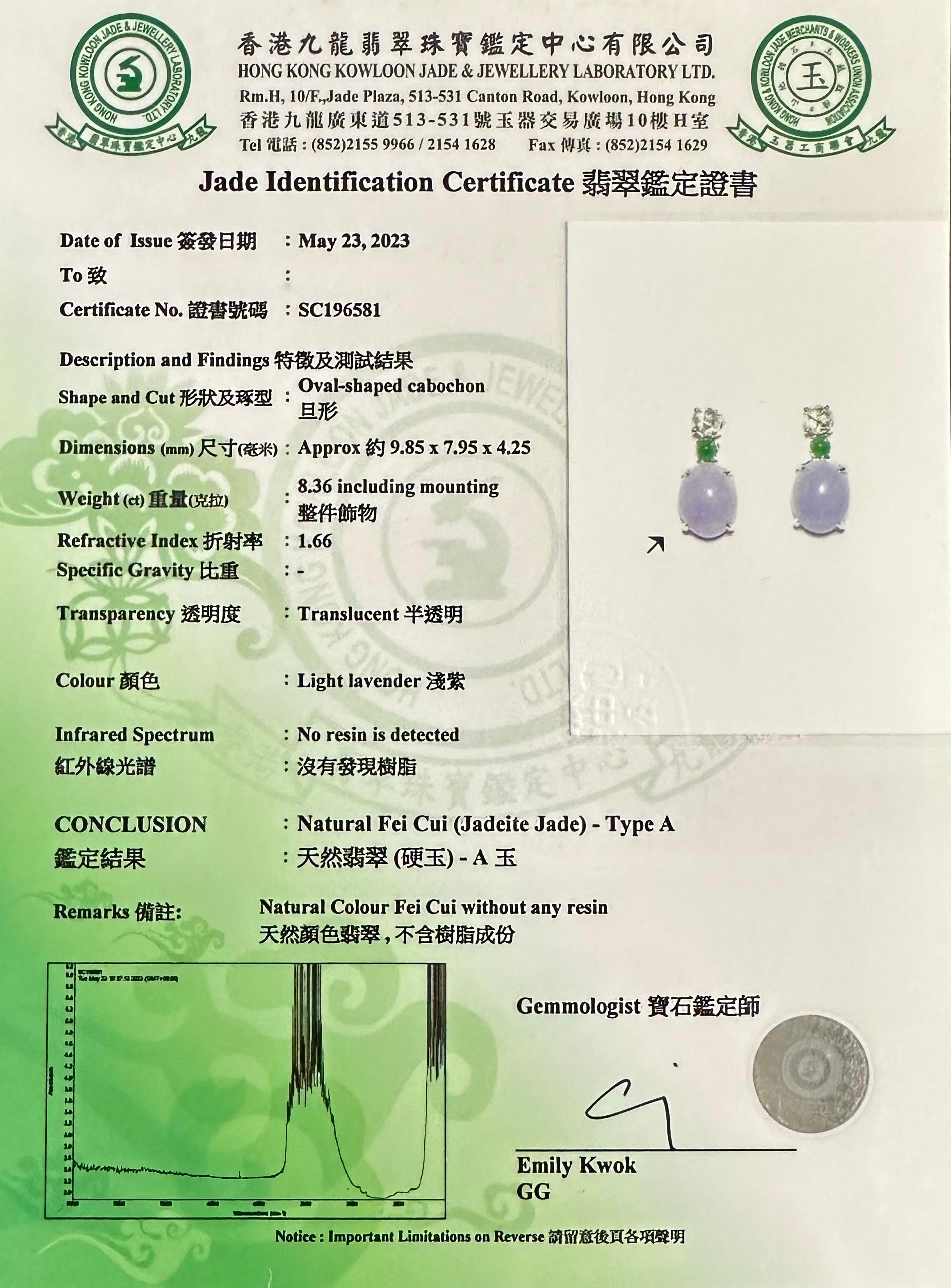 Certified Lavender & Apple Green Jade & Rose Cut Diamond Drop Earrings For Sale 13