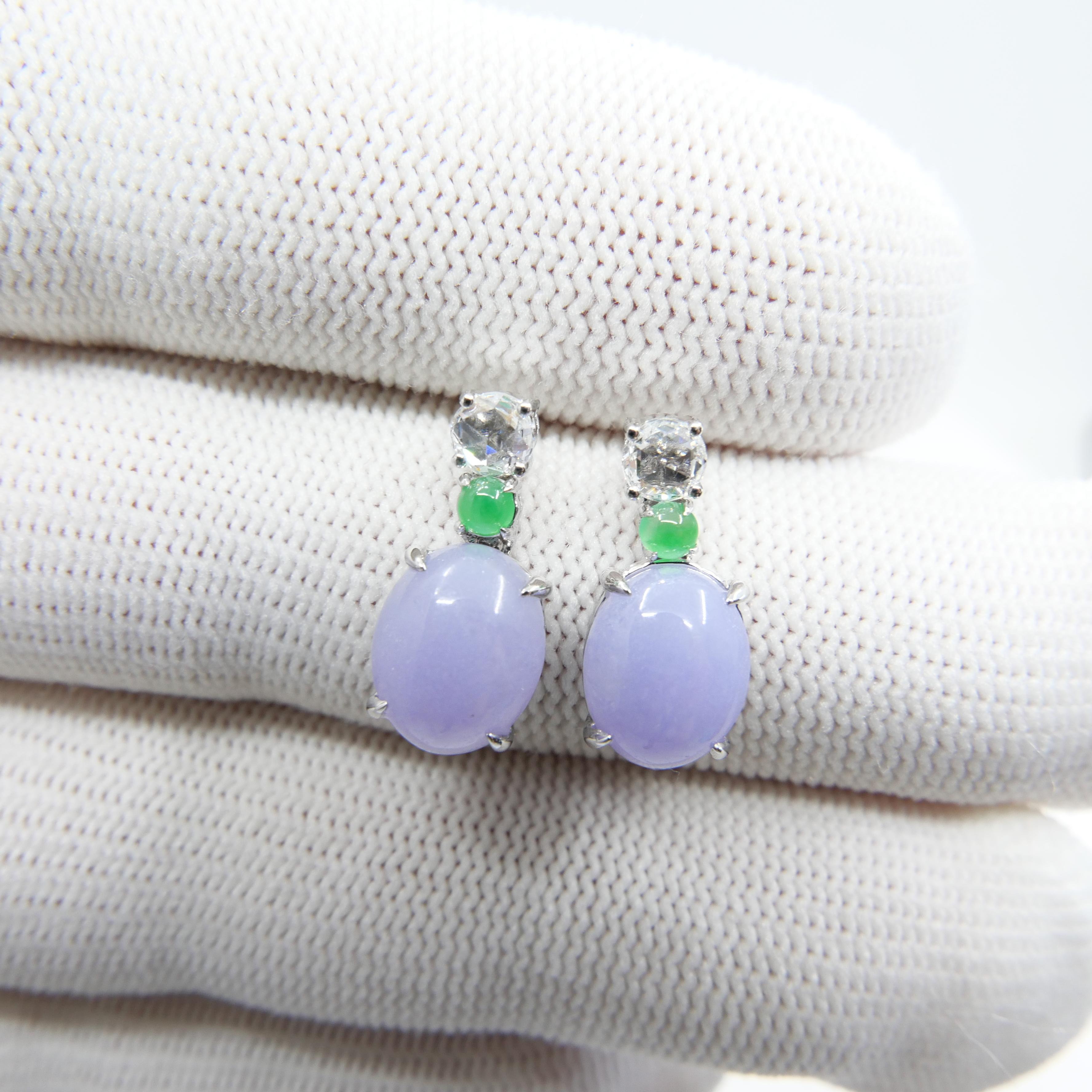 Pear Cut Certified Lavender & Apple Green Jade & Rose Cut Diamond Drop Earrings For Sale