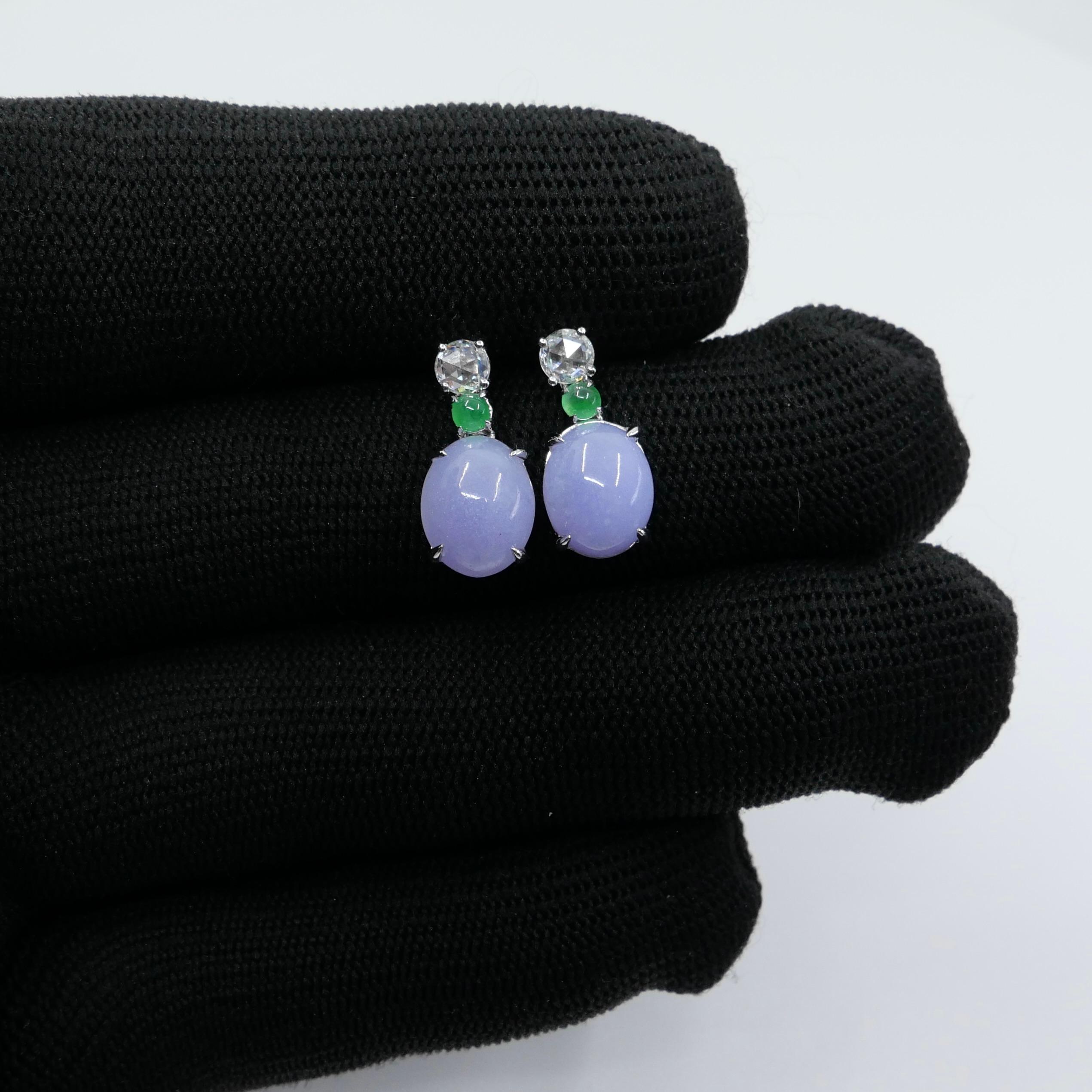 Certified Lavender & Apple Green Jade & Rose Cut Diamond Drop Earrings In New Condition For Sale In Hong Kong, HK