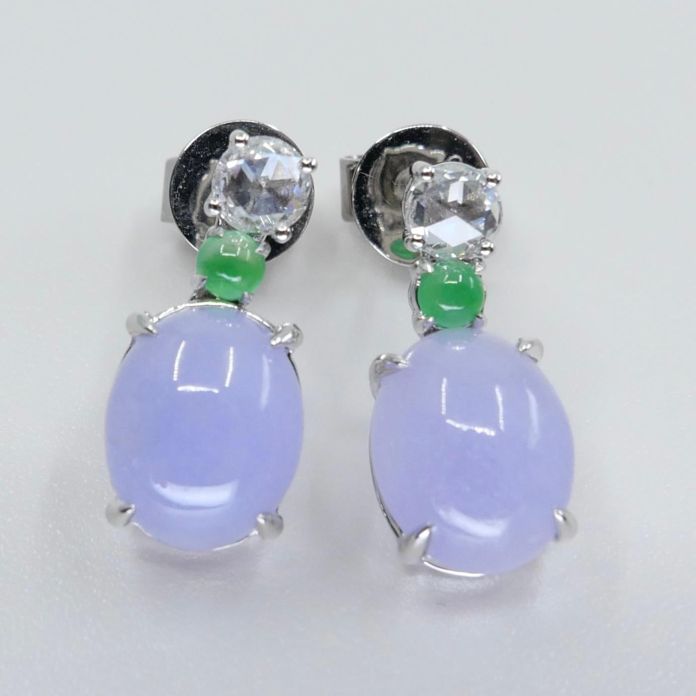 Women's Certified Lavender & Apple Green Jade & Rose Cut Diamond Drop Earrings For Sale