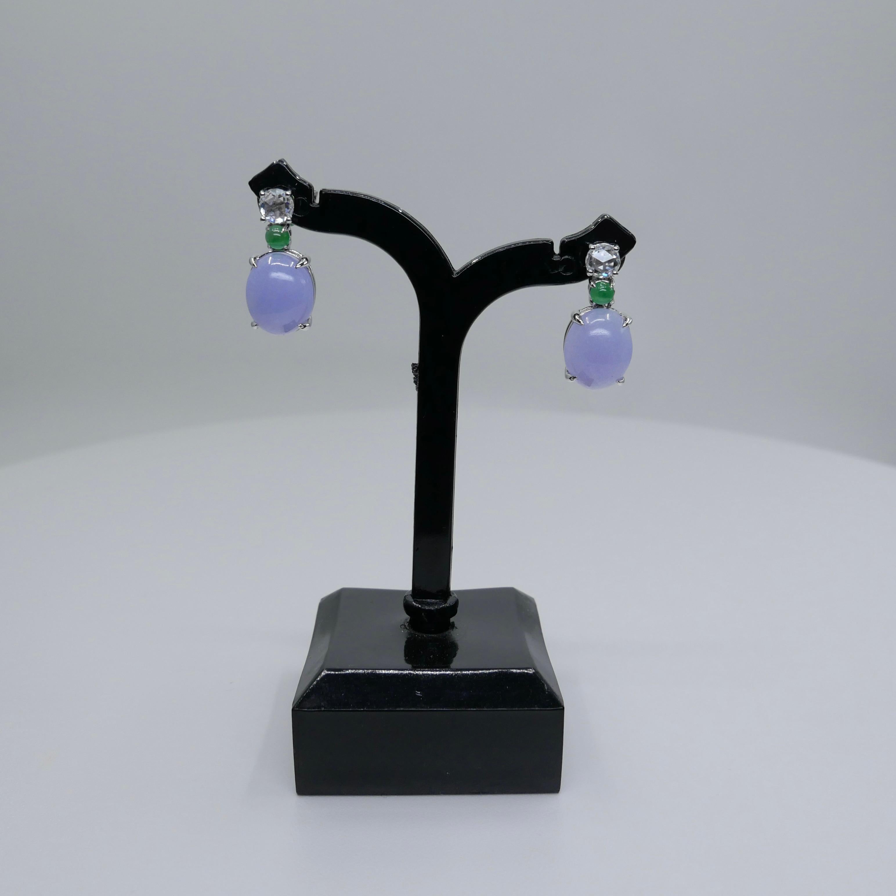 Certified Lavender & Apple Green Jade & Rose Cut Diamond Drop Earrings For Sale 1
