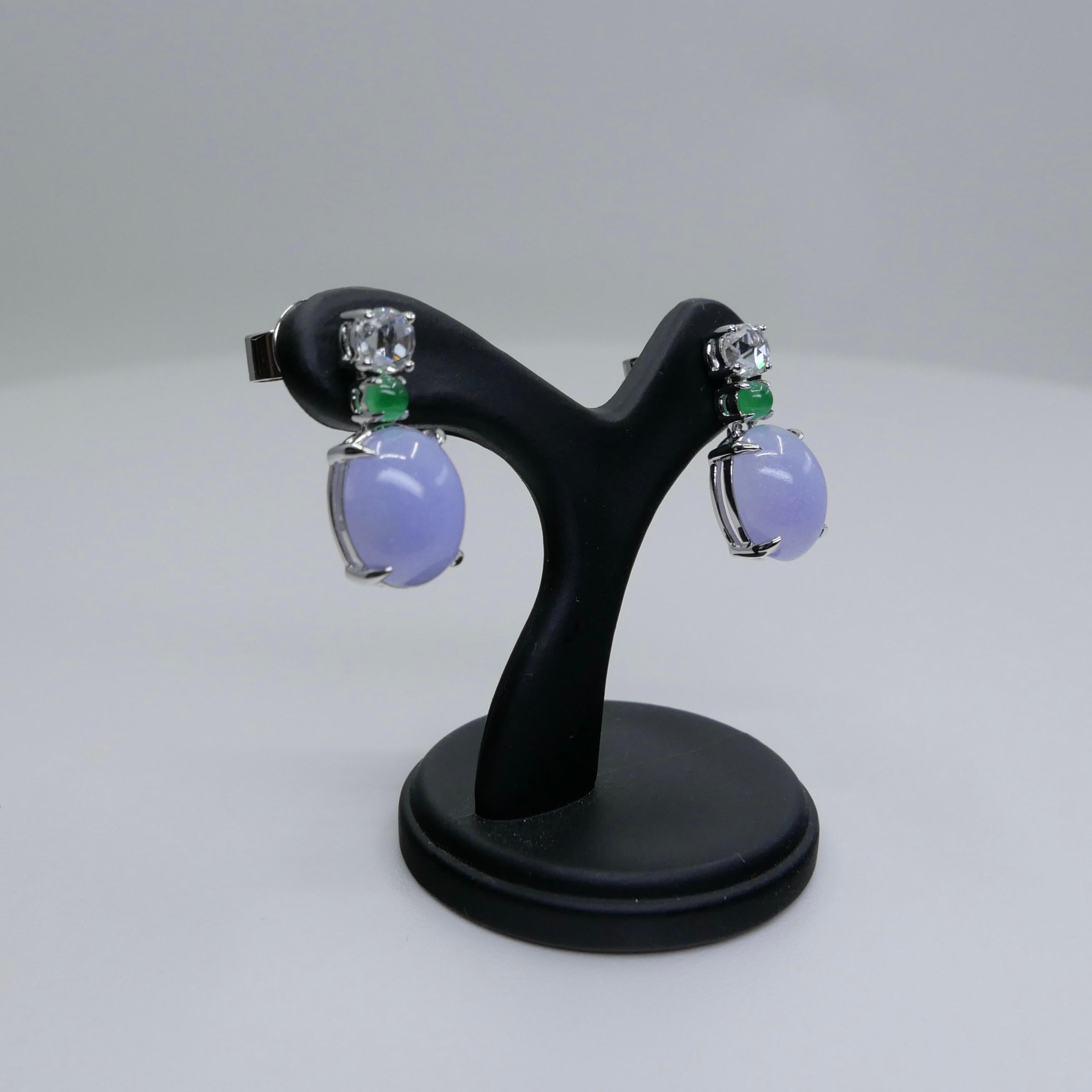 Certified Lavender & Apple Green Jade & Rose Cut Diamond Drop Earrings For Sale 2