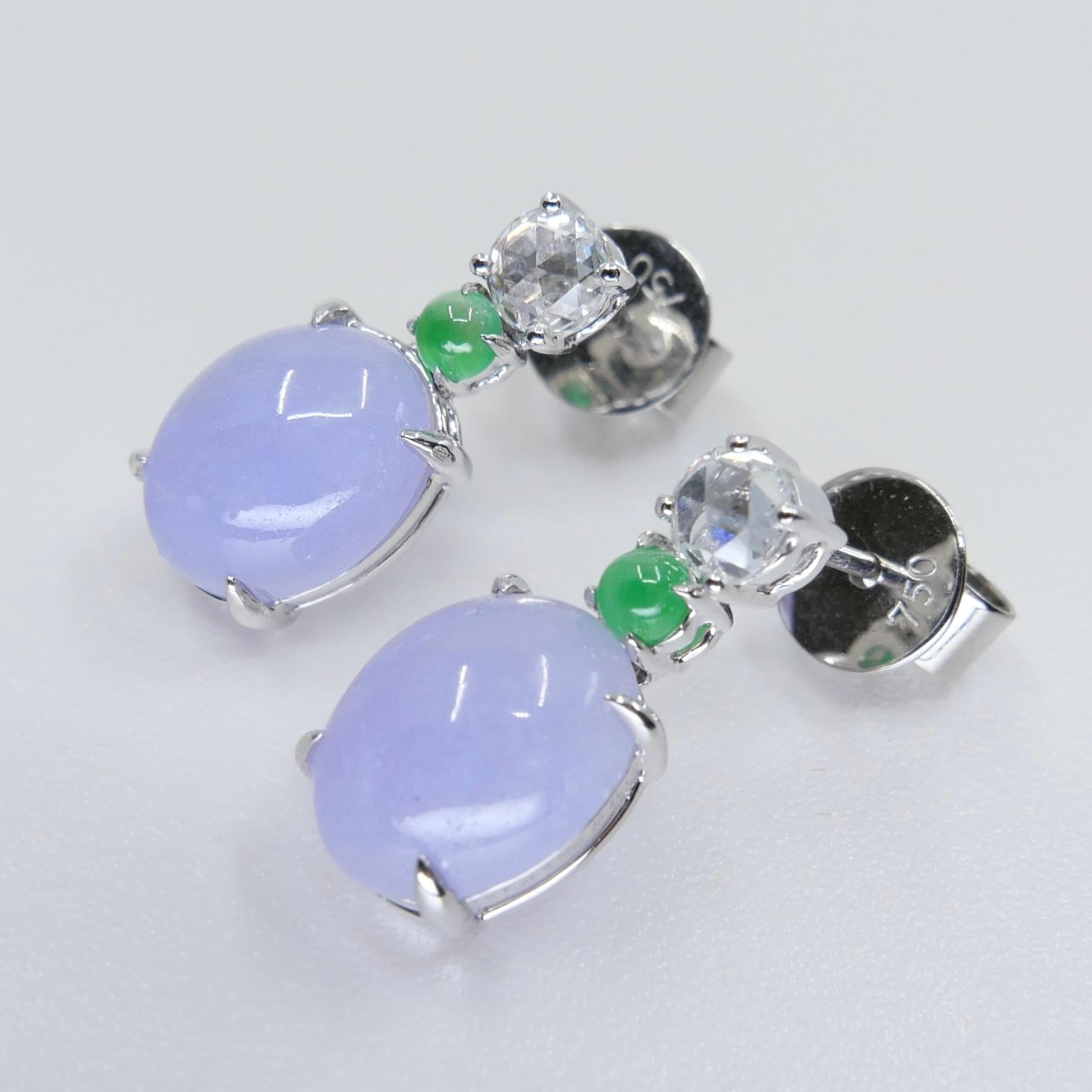 Certified Lavender & Apple Green Jade & Rose Cut Diamond Drop Earrings For Sale 3