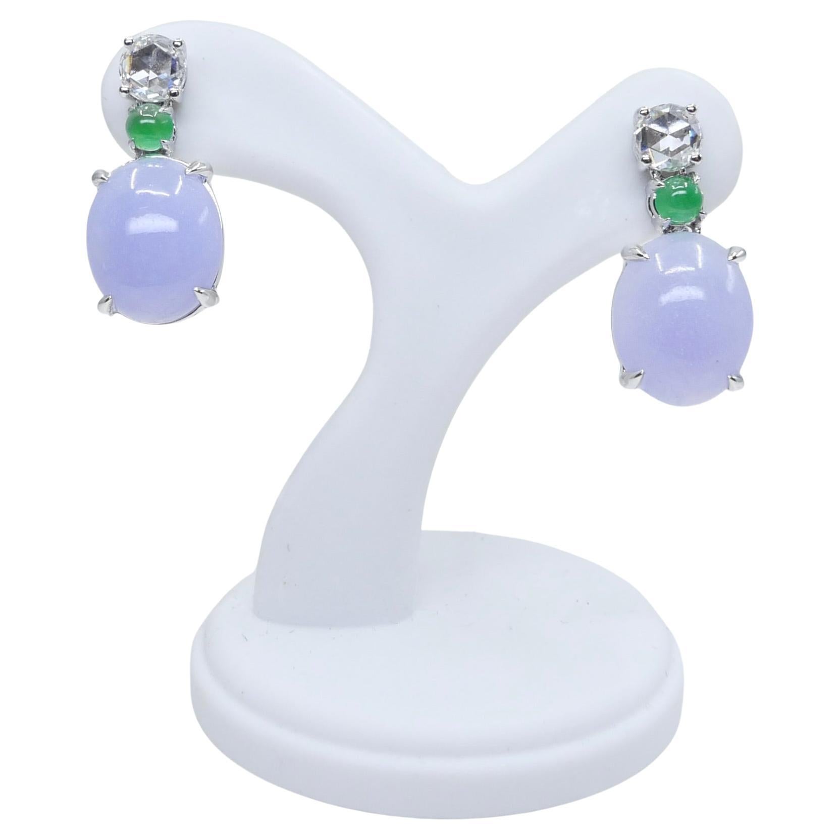 Certified Lavender & Apple Green Jade & Rose Cut Diamond Drop Earrings For Sale