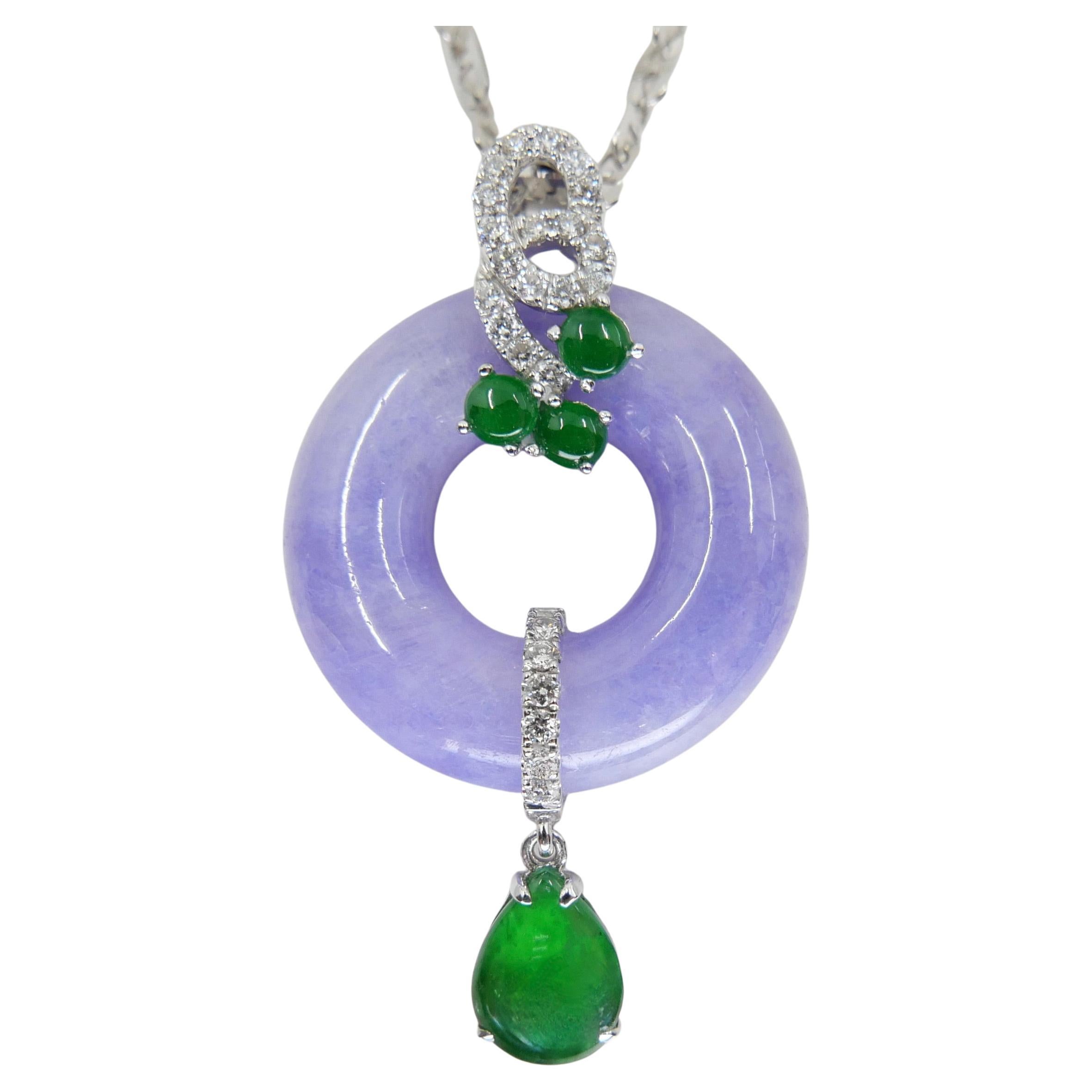 zertifizierte Lavendel & kaiserlich grüne Jade Diamant-Anhänger Tropfen Halskette.