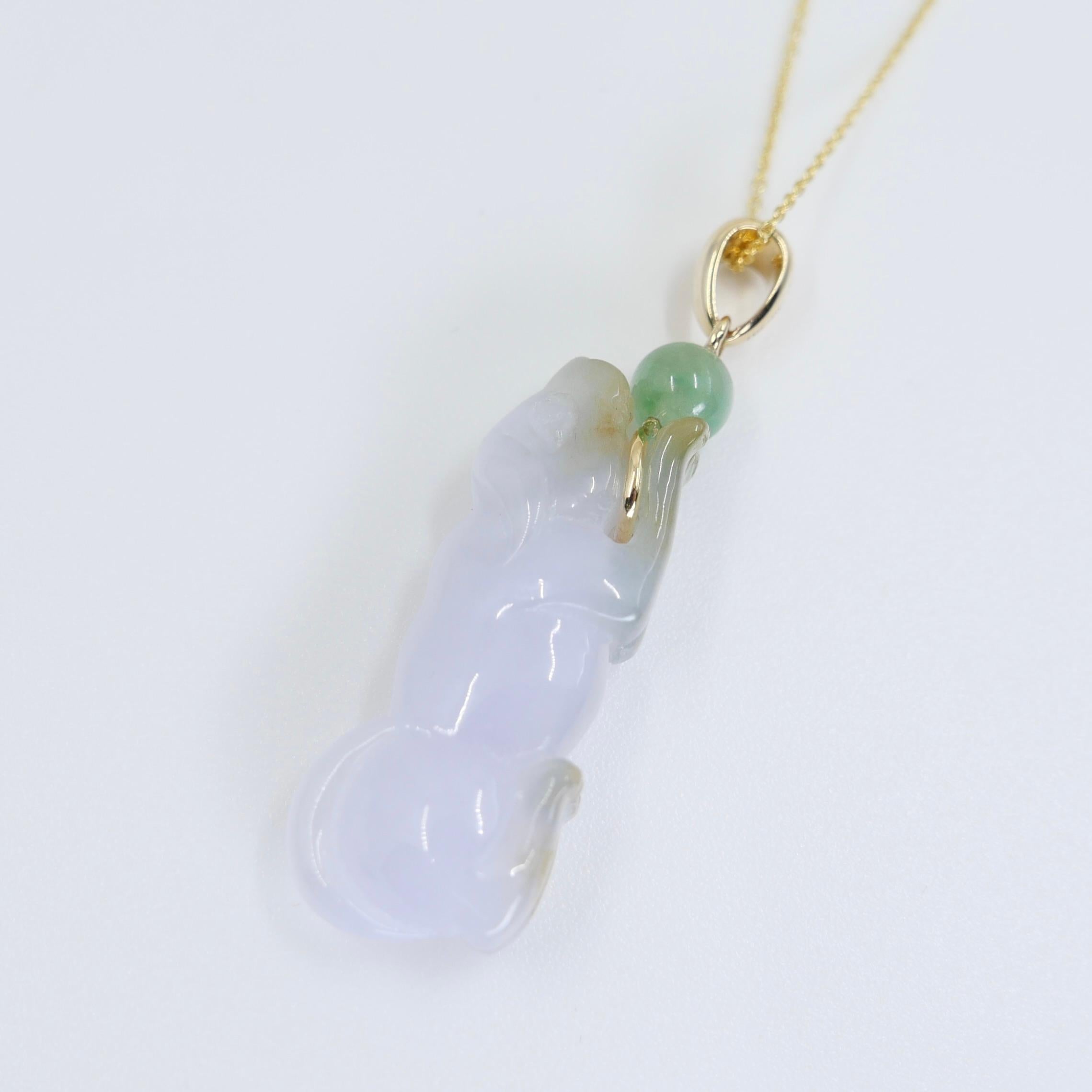 Zertifizierter 30 mm x 12 mm Doggy-Anhänger aus lavendelfarbener Jade. Glückshund-Anhänger! Damen im Angebot