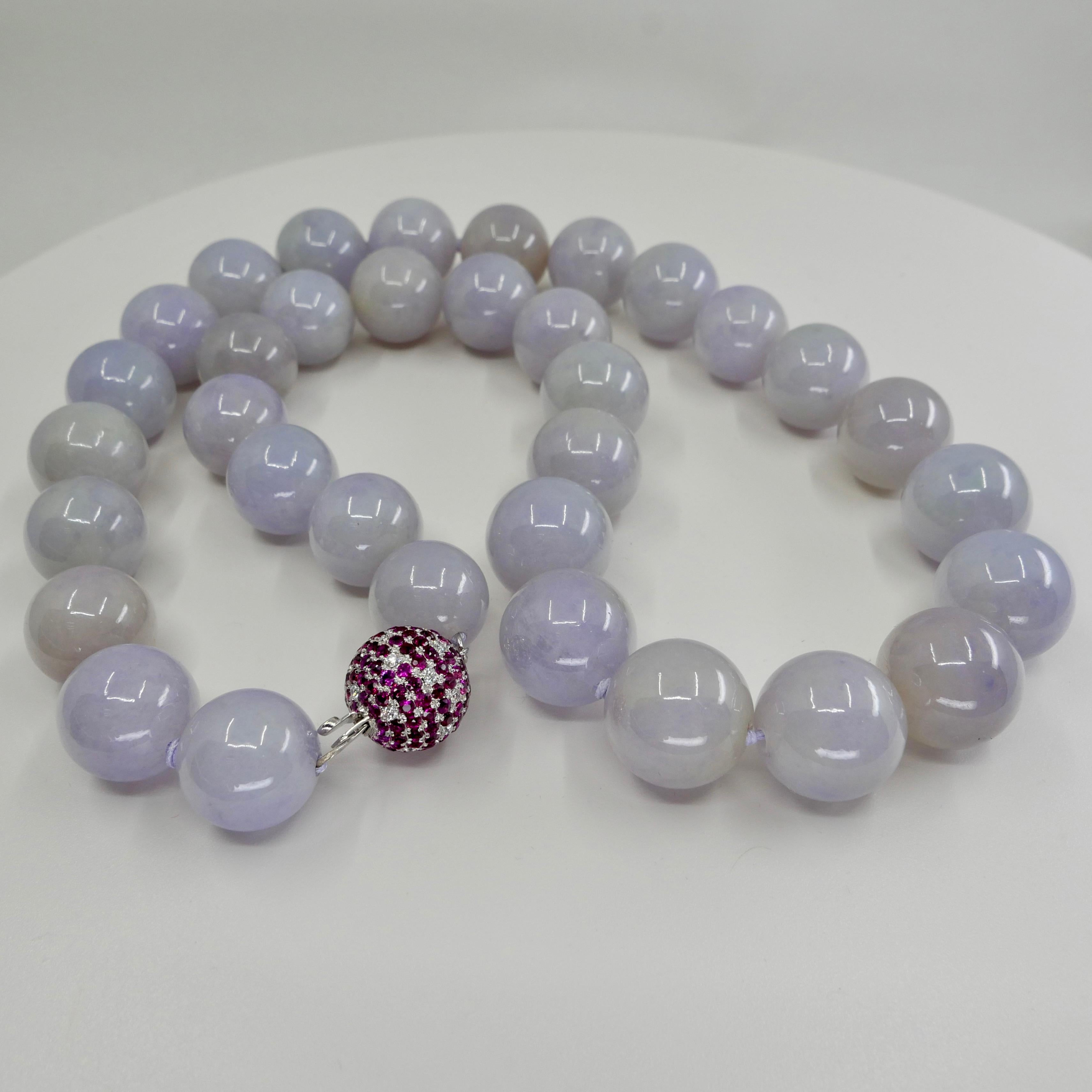 Certified Lavender Jade Beads 17.49 mm, Burma Ruby & Diamond Disco Ball Necklace For Sale 6