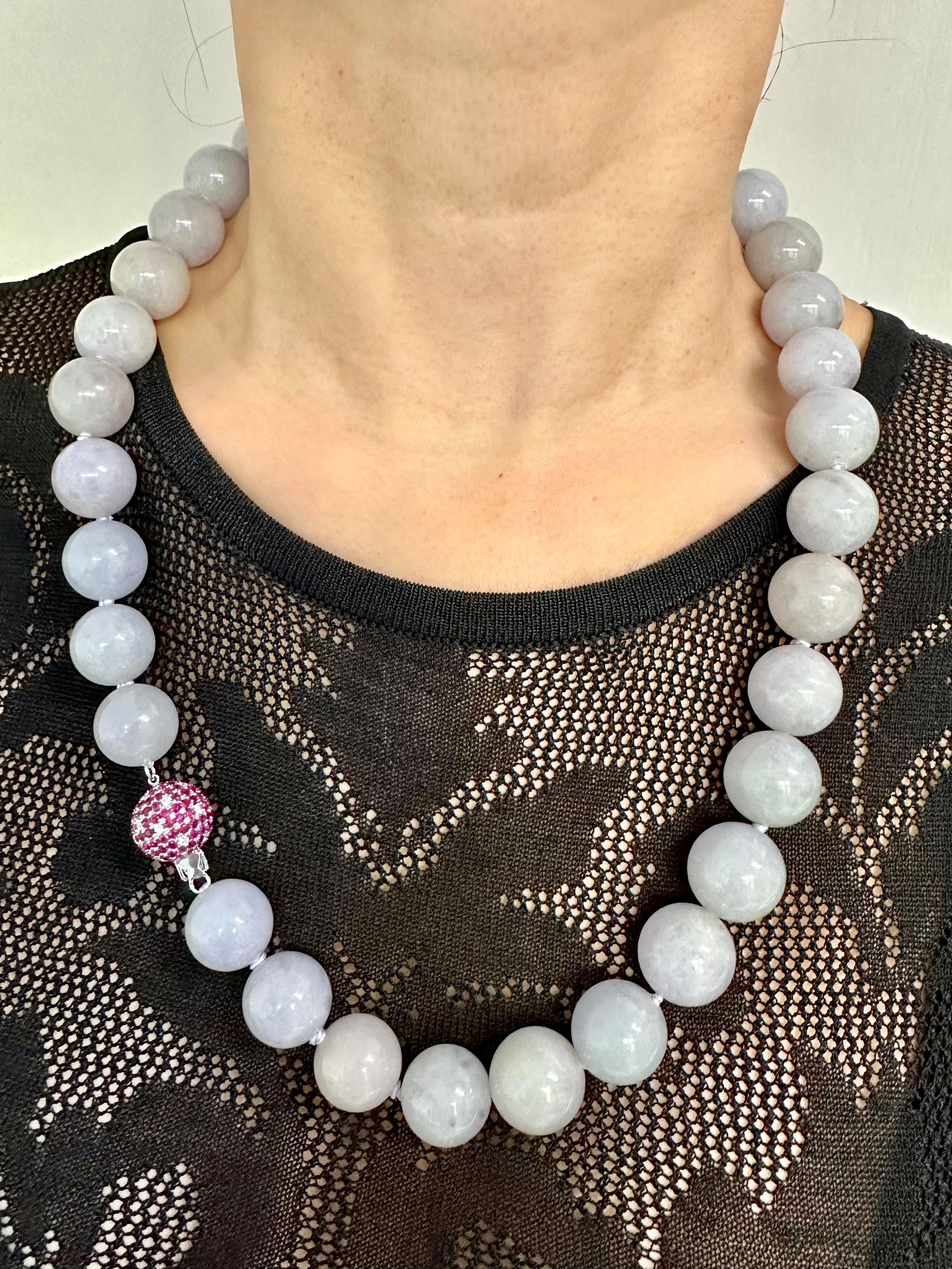 Certified Lavender Jade Beads 17.49 mm, Burma Ruby & Diamond Disco Ball Necklace For Sale 9