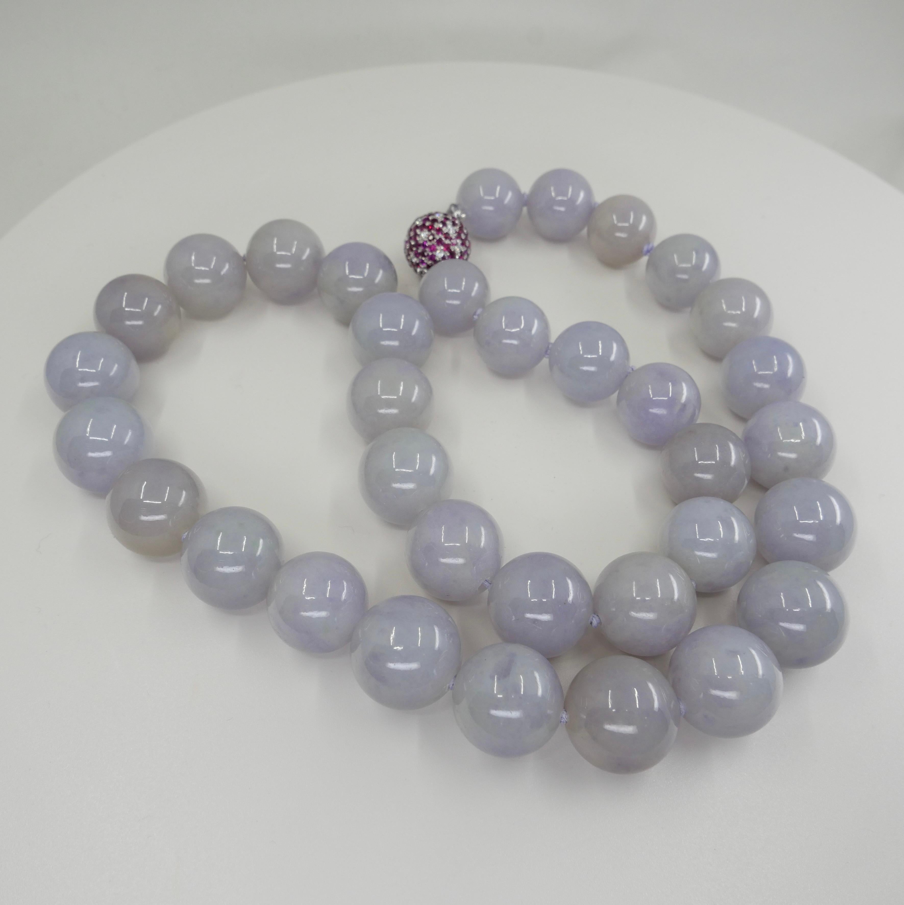 Certified Lavender Jade Beads 17.49 mm, Burma Ruby & Diamond Disco Ball Necklace For Sale 10