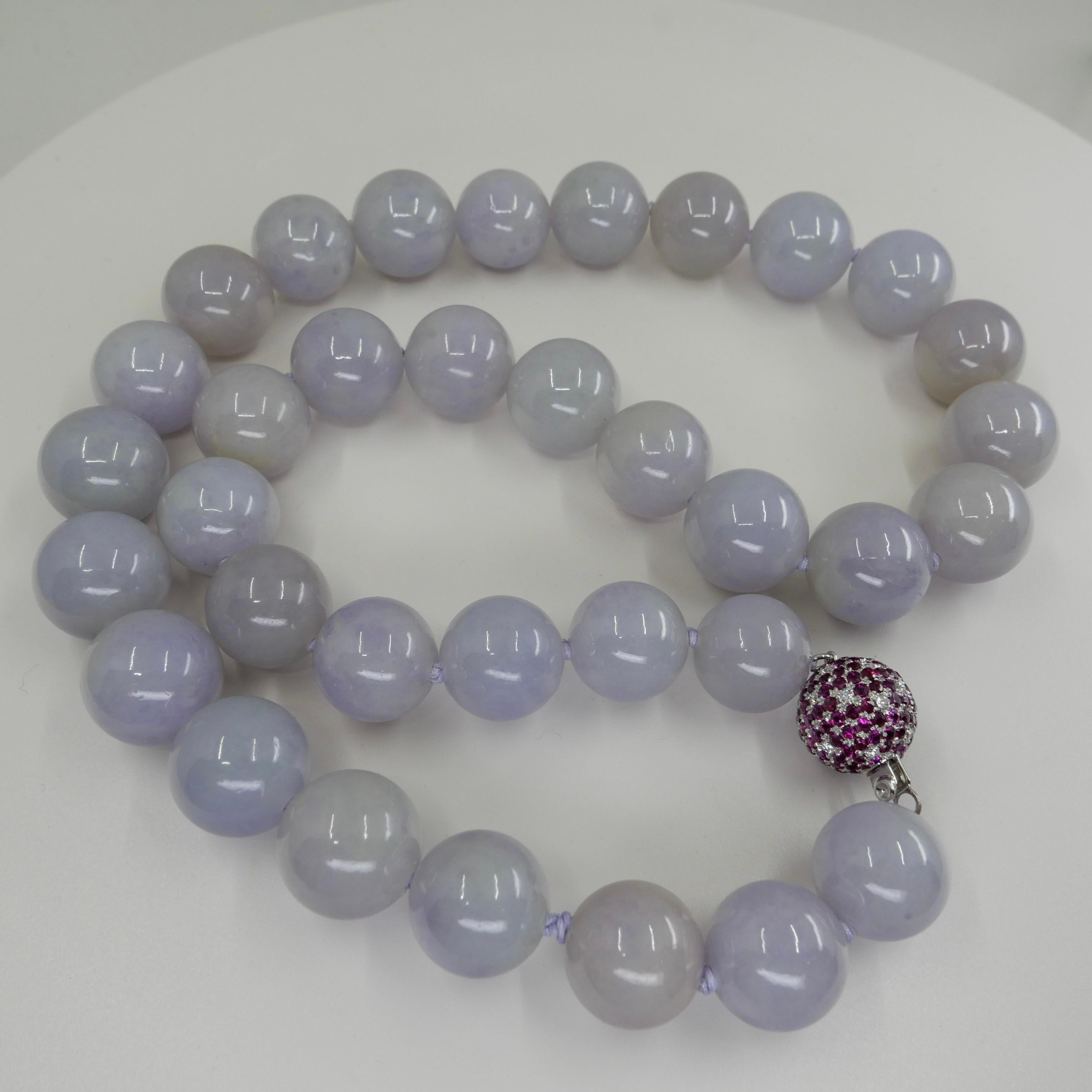 Certified Lavender Jade Beads 17.49 mm, Burma Ruby & Diamond Disco Ball Necklace For Sale 12