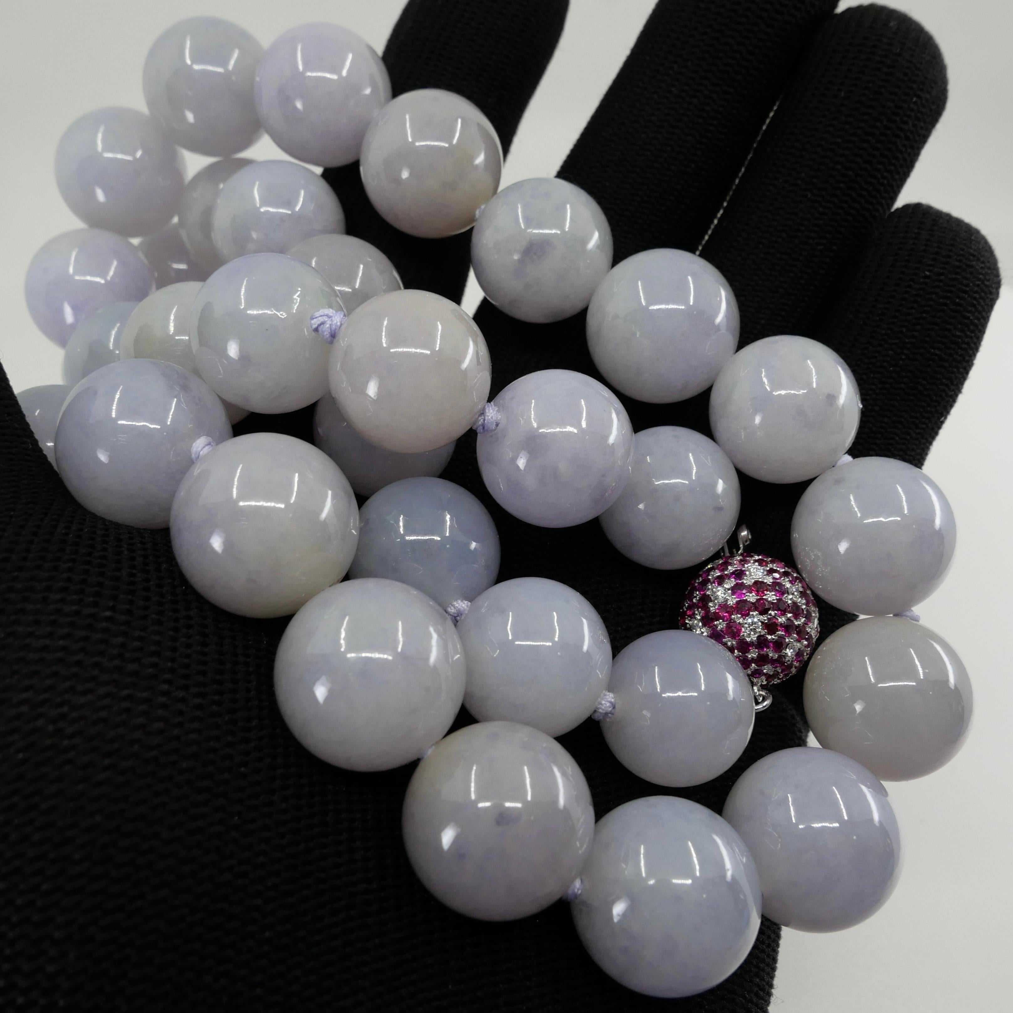 Certified Lavender Jade Beads 17.49 mm, Burma Ruby & Diamond Disco Ball Necklace For Sale 14