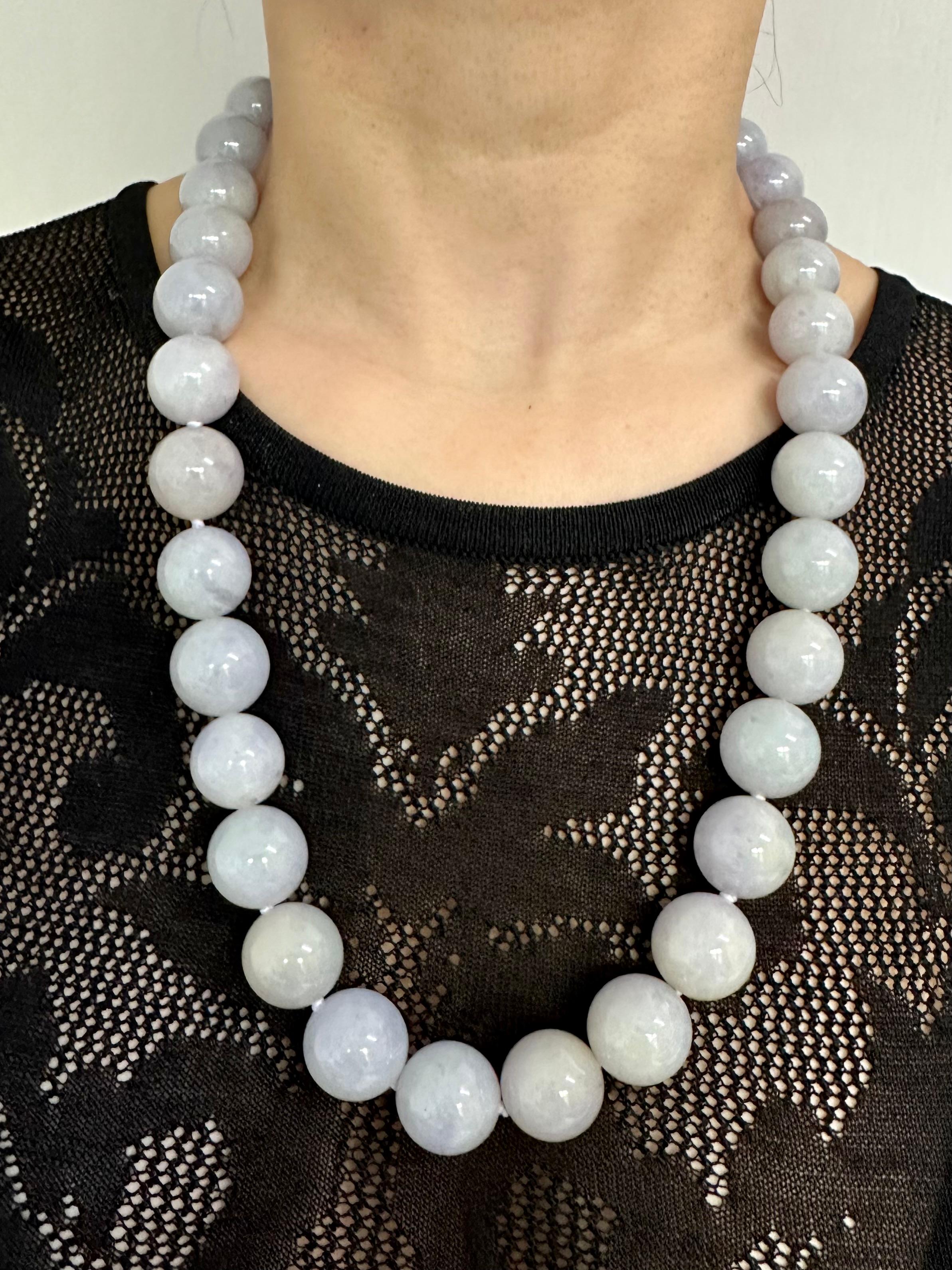 Please check out the HD video! For your consideration is an important natural light lavender XXL jade bead necklace with a custom Burma rubies (with high fluorescence) and diamonds disco ball clasp. Natural light Lavender and light green jade beads