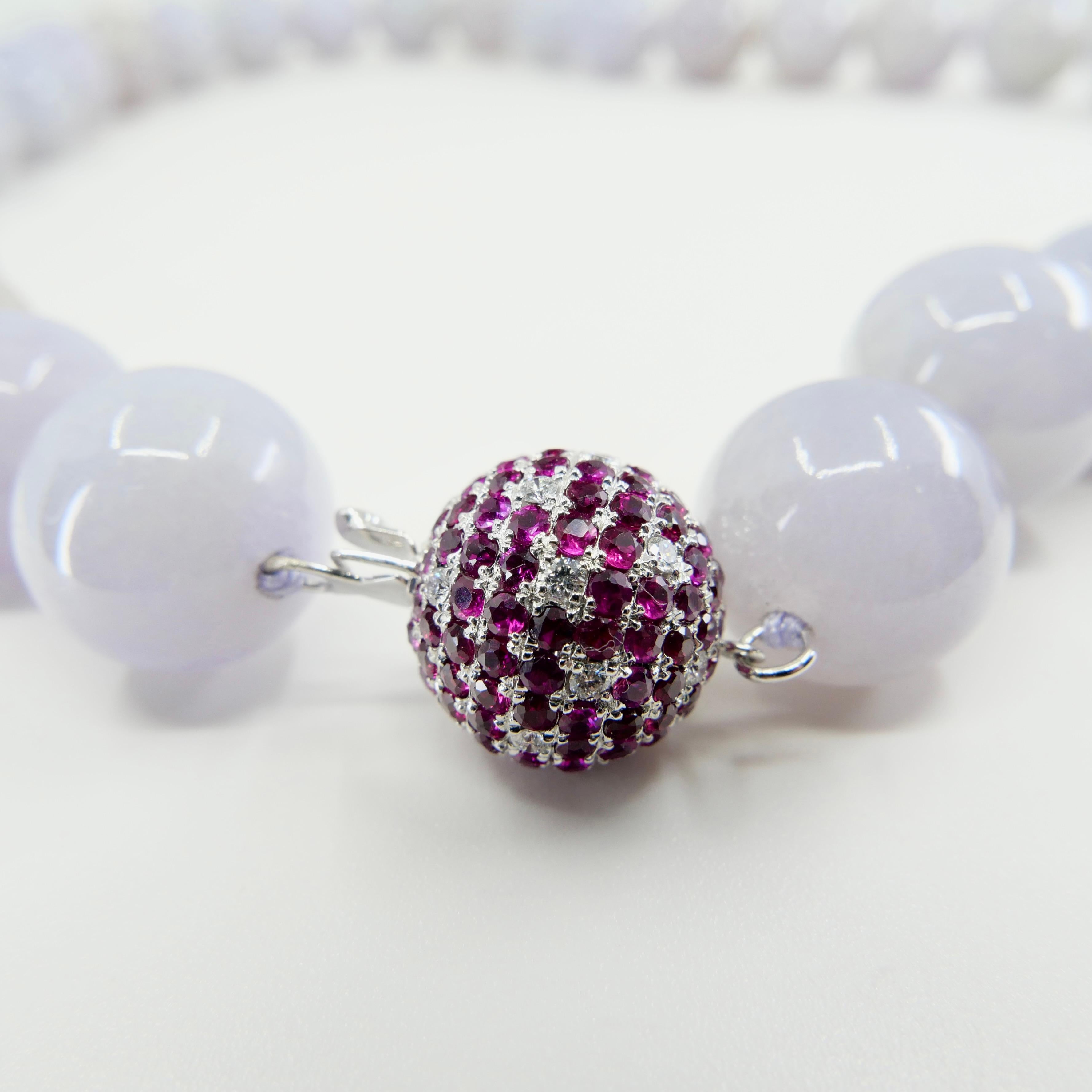 Certified Lavender Jade Beads 17.49 mm, Burma Ruby & Diamond Disco Ball Necklace In New Condition For Sale In Hong Kong, HK