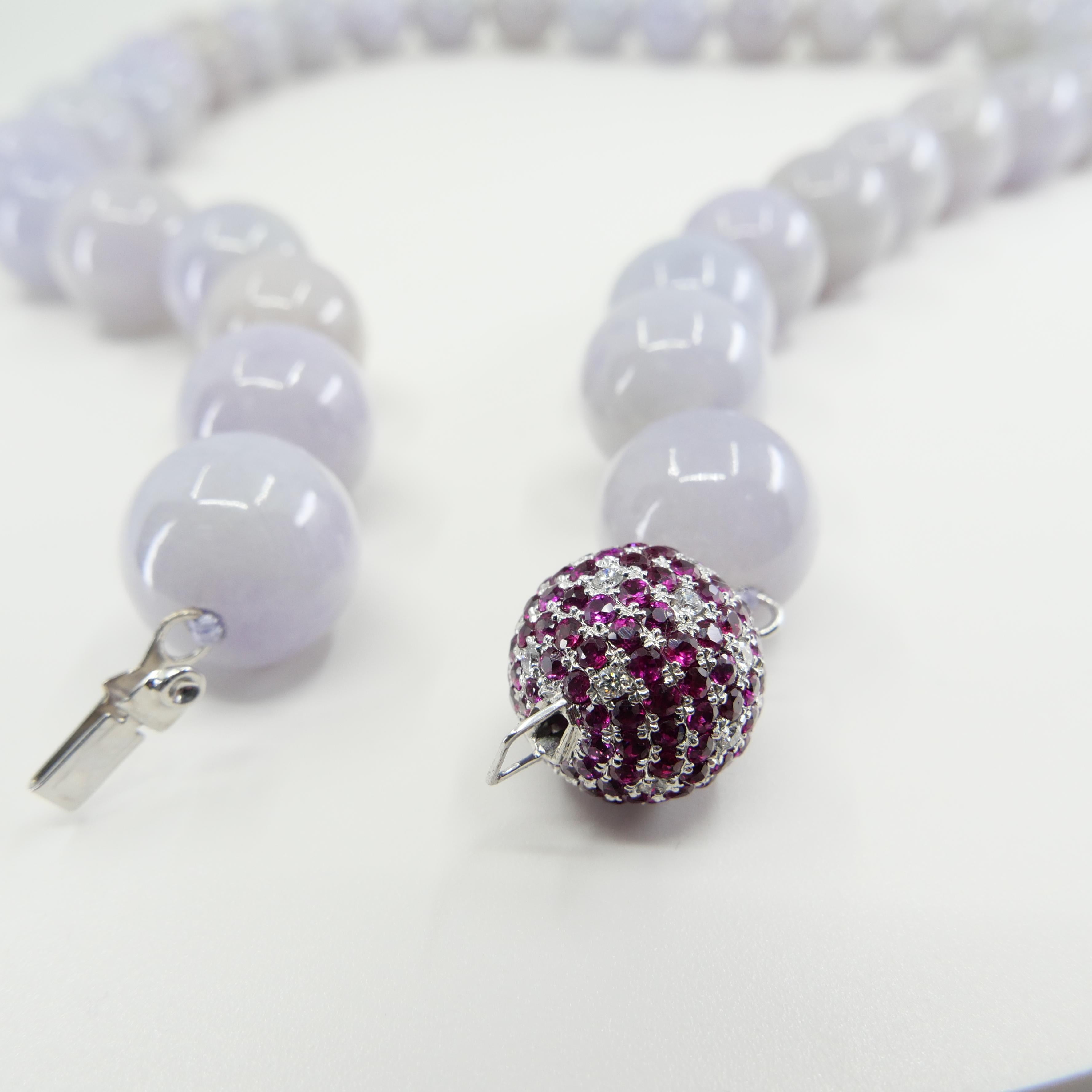 Certified Lavender Jade Beads 17.49 mm, Burma Ruby & Diamond Disco Ball Necklace For Sale 2