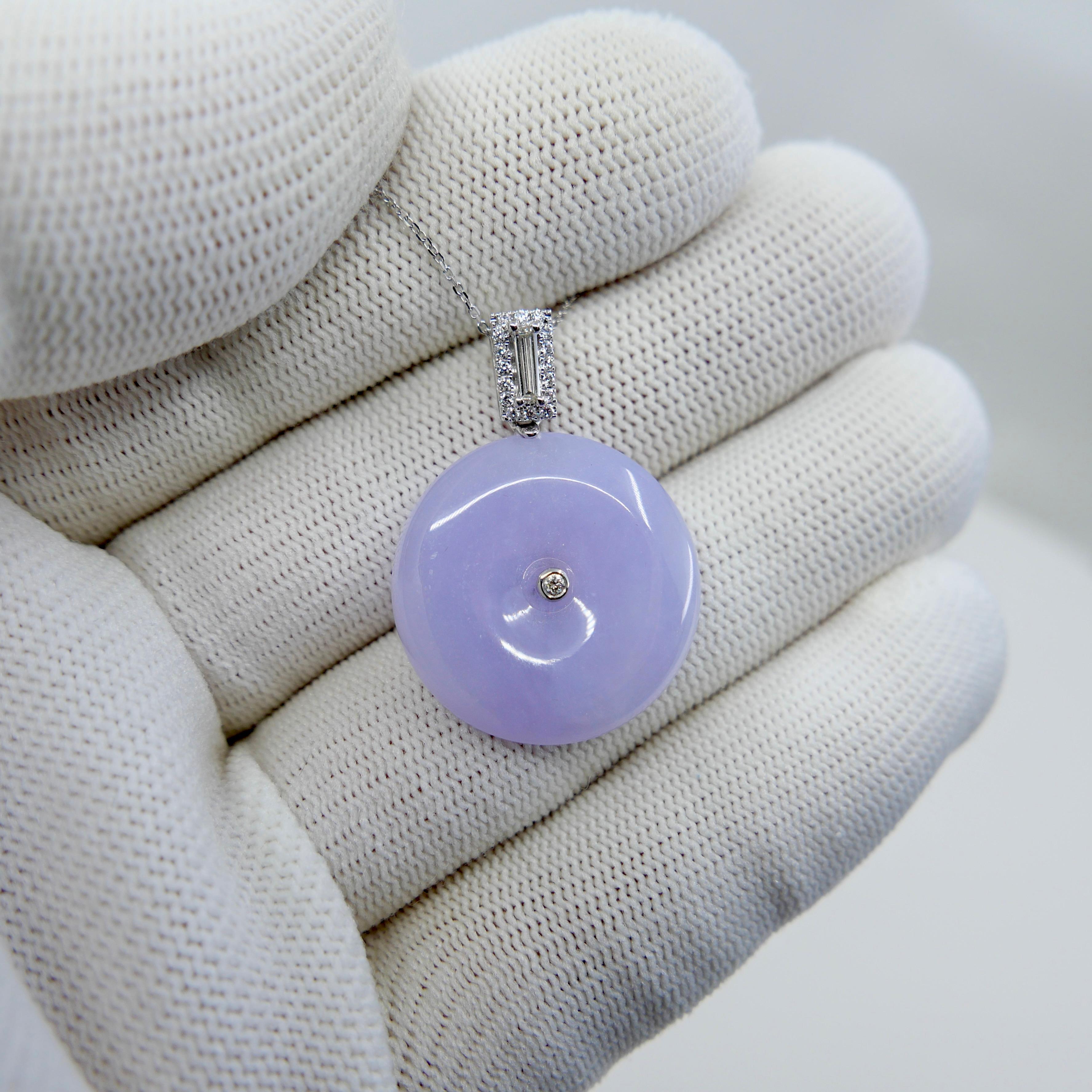 Round Cut Certified Lavender Jade & Diamond Peace Buckle Pendant. Peace & Luck To Wearer For Sale