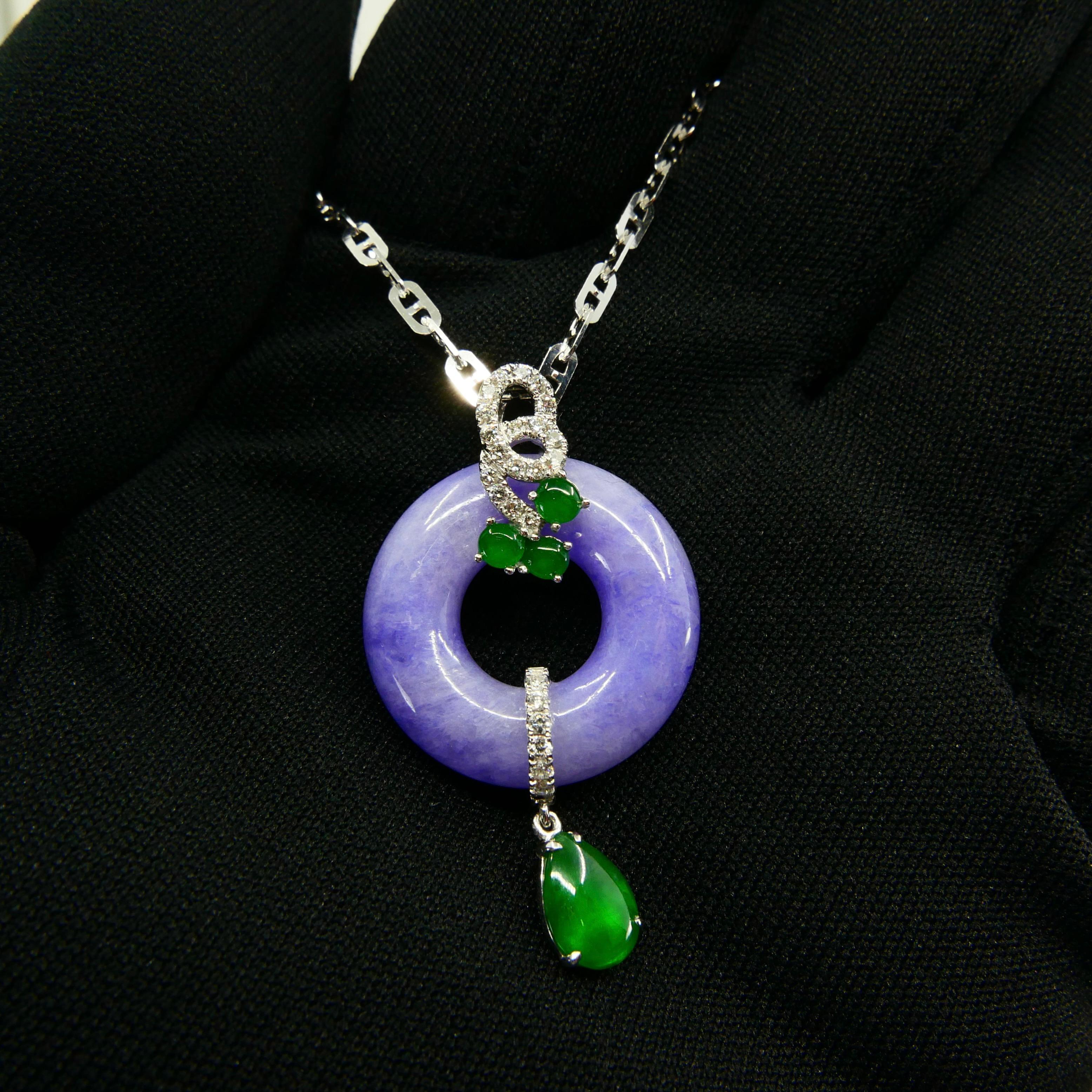 Certified Lavender & Imperial Green Jade Diamond Pendant Drop Necklace.  9