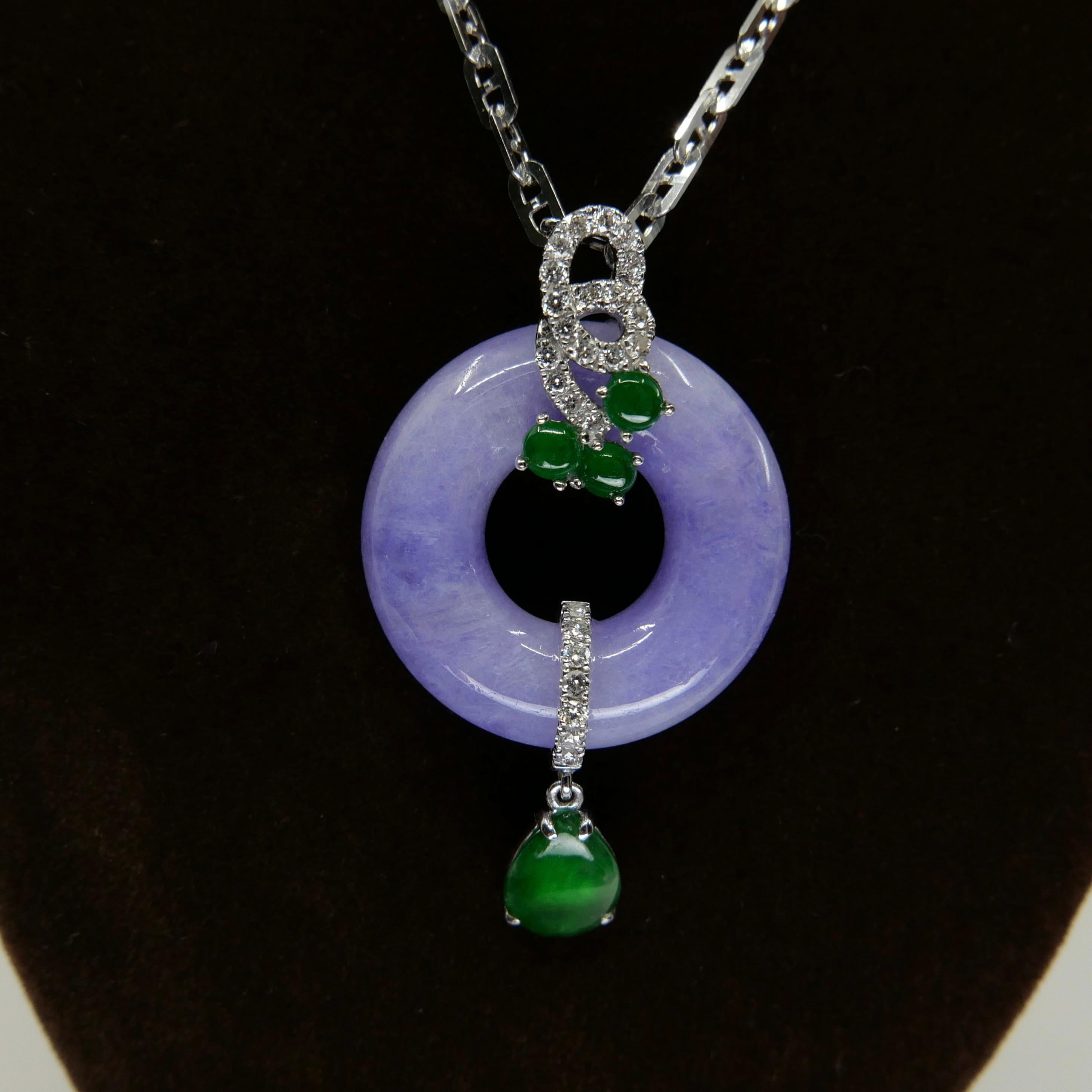Certified Lavender & Imperial Green Jade Diamond Pendant Drop Necklace.  5