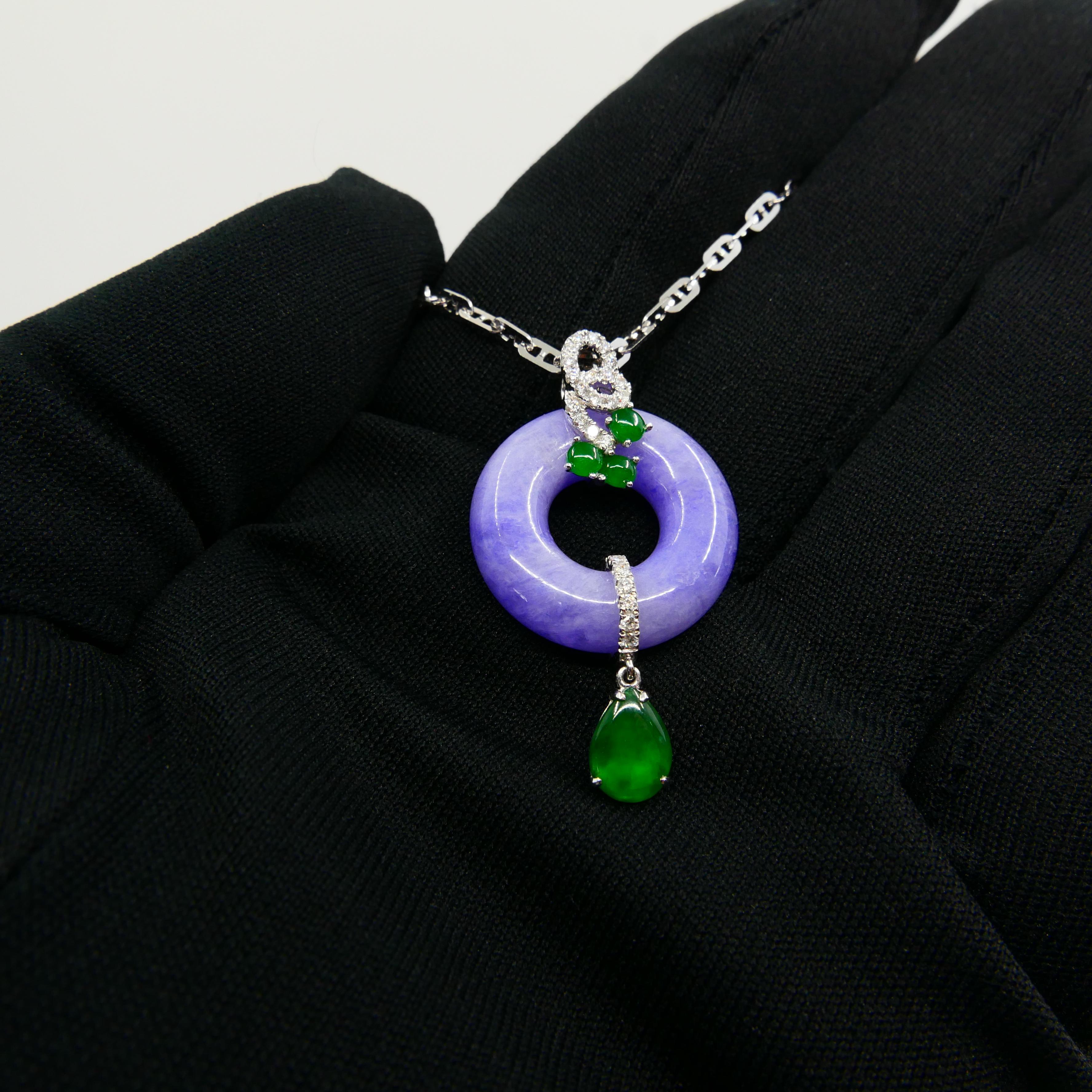 Certified Lavender & Imperial Green Jade Diamond Pendant Drop Necklace.  4