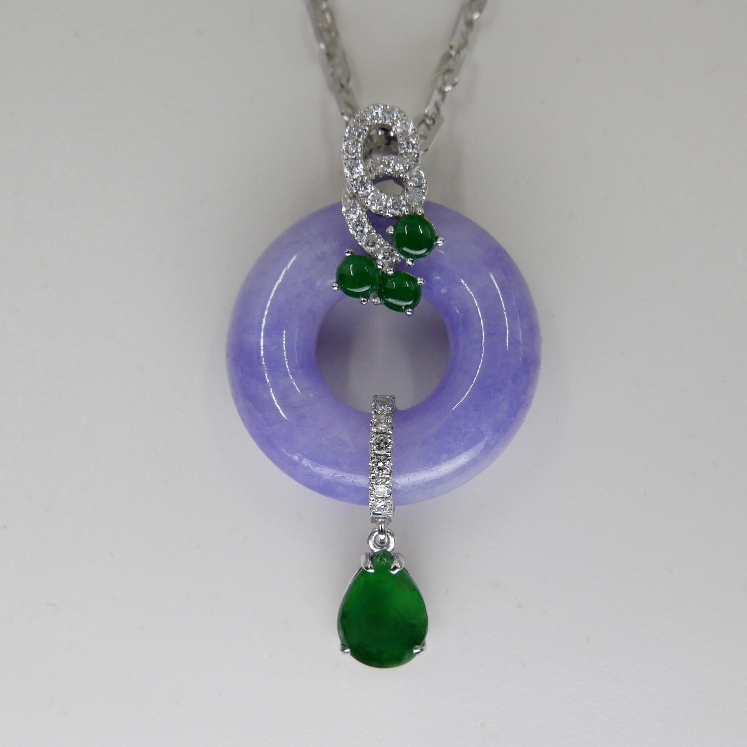 Certified Lavender & Imperial Green Jade Diamond Pendant Drop Necklace.  10