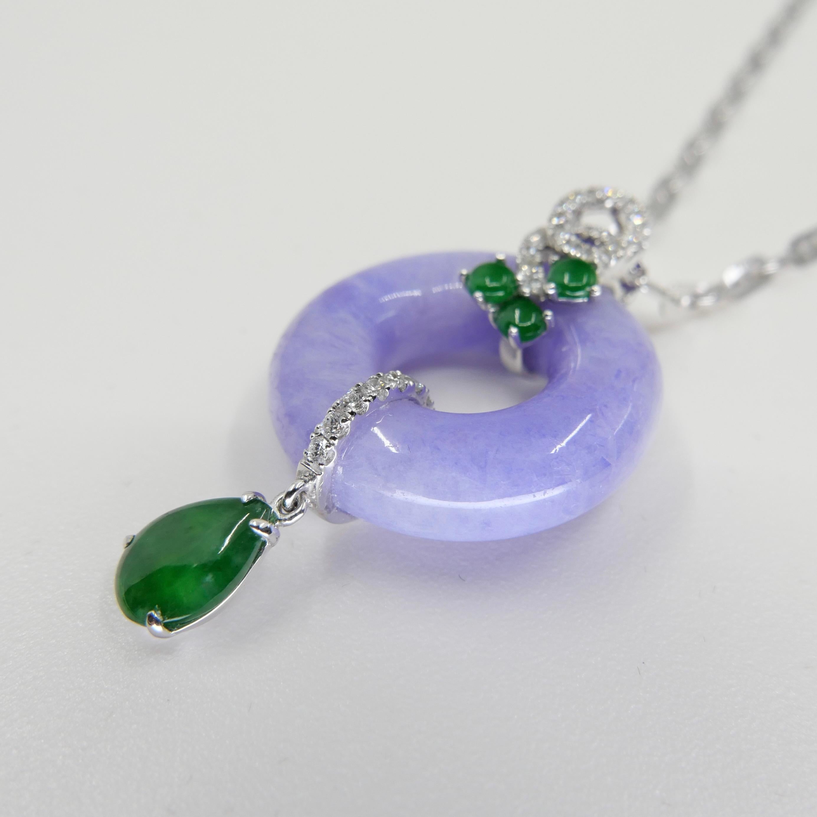 Certified Lavender & Imperial Green Jade Diamond Pendant Drop Necklace.  In New Condition In Hong Kong, HK