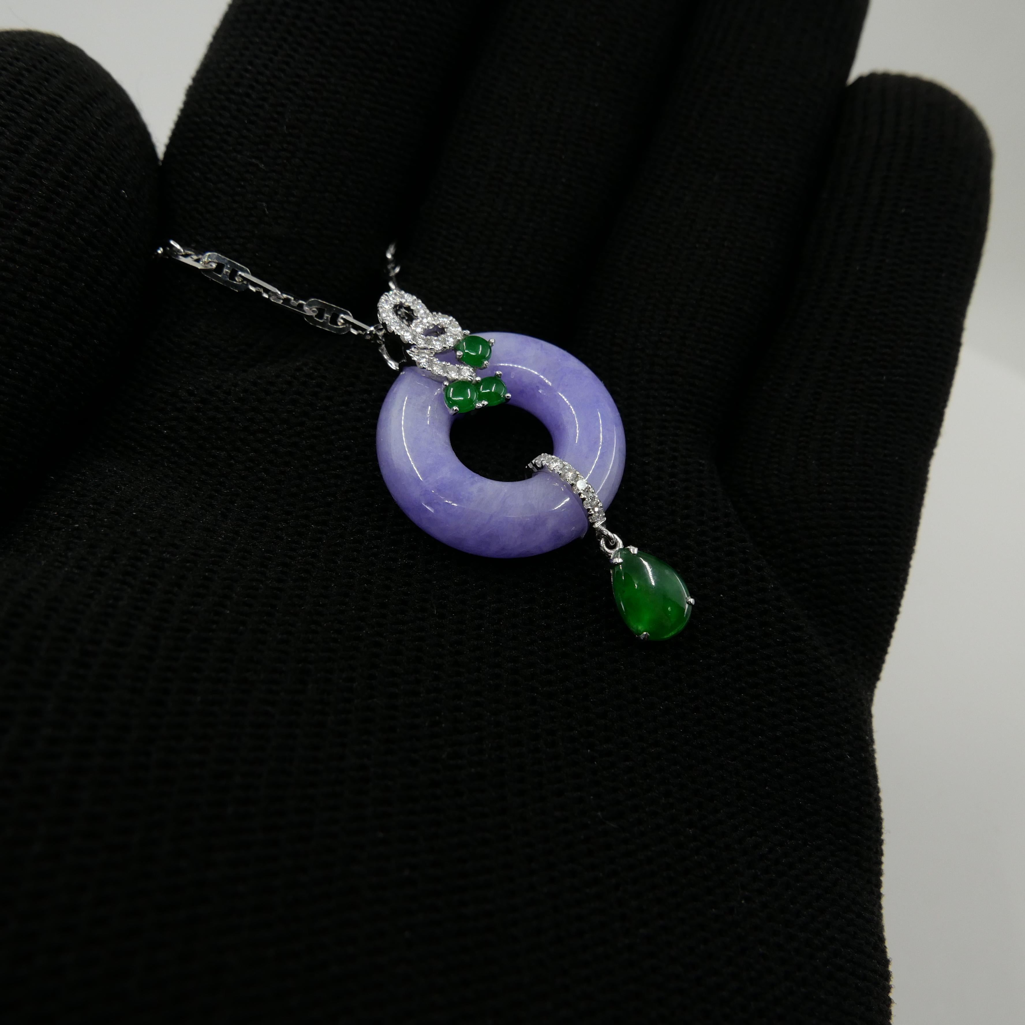 Certified Lavender & Imperial Green Jade Diamond Pendant Drop Necklace.  7