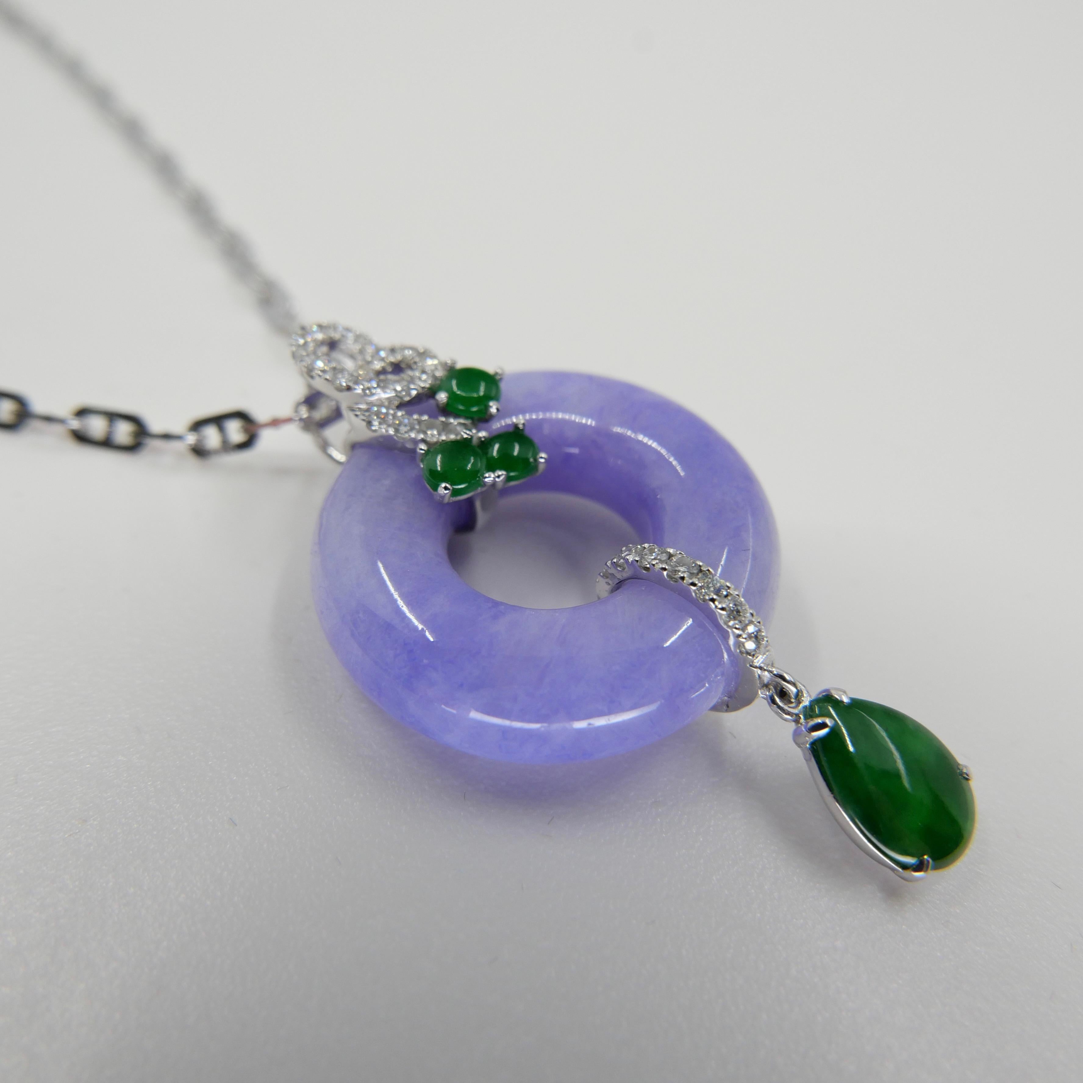 Women's Certified Lavender & Imperial Green Jade Diamond Pendant Drop Necklace. 
