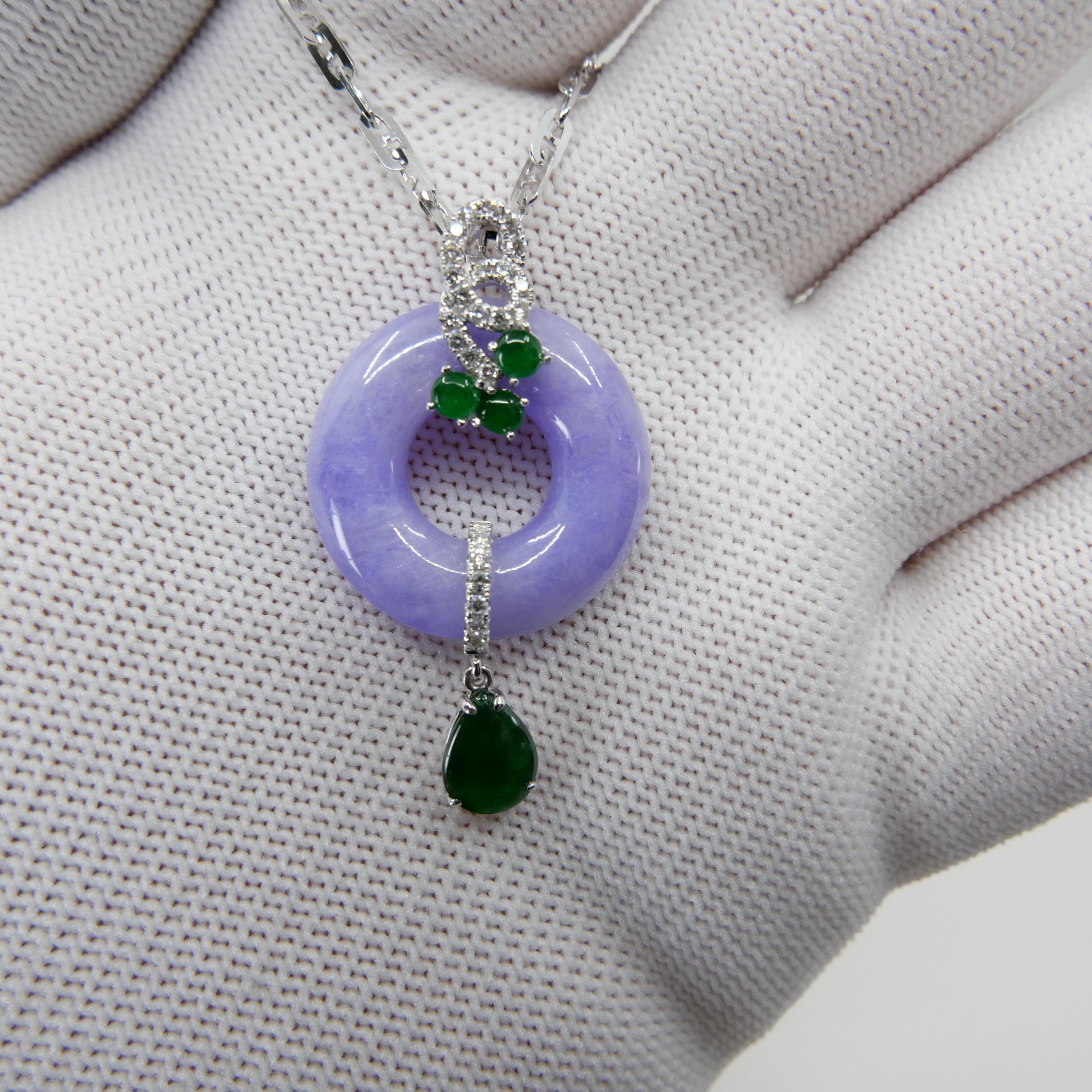 Certified Lavender & Imperial Green Jade Diamond Pendant Drop Necklace.  3