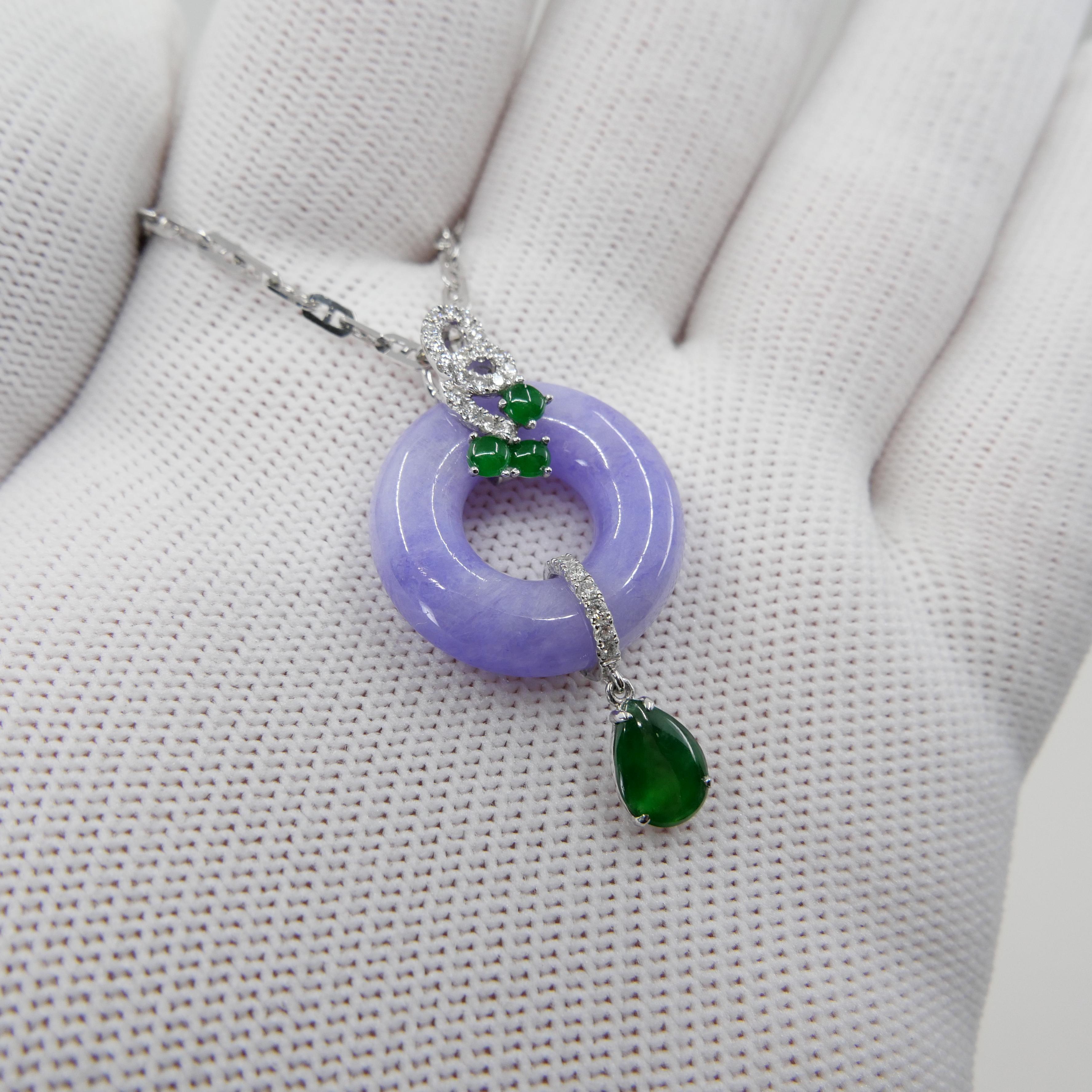 Certified Lavender & Imperial Green Jade Diamond Pendant Drop Necklace.  8