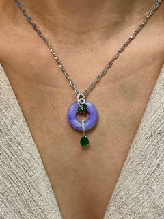 Certified Lavender & Imperial Green Jade Diamond Pendant Drop Necklace.