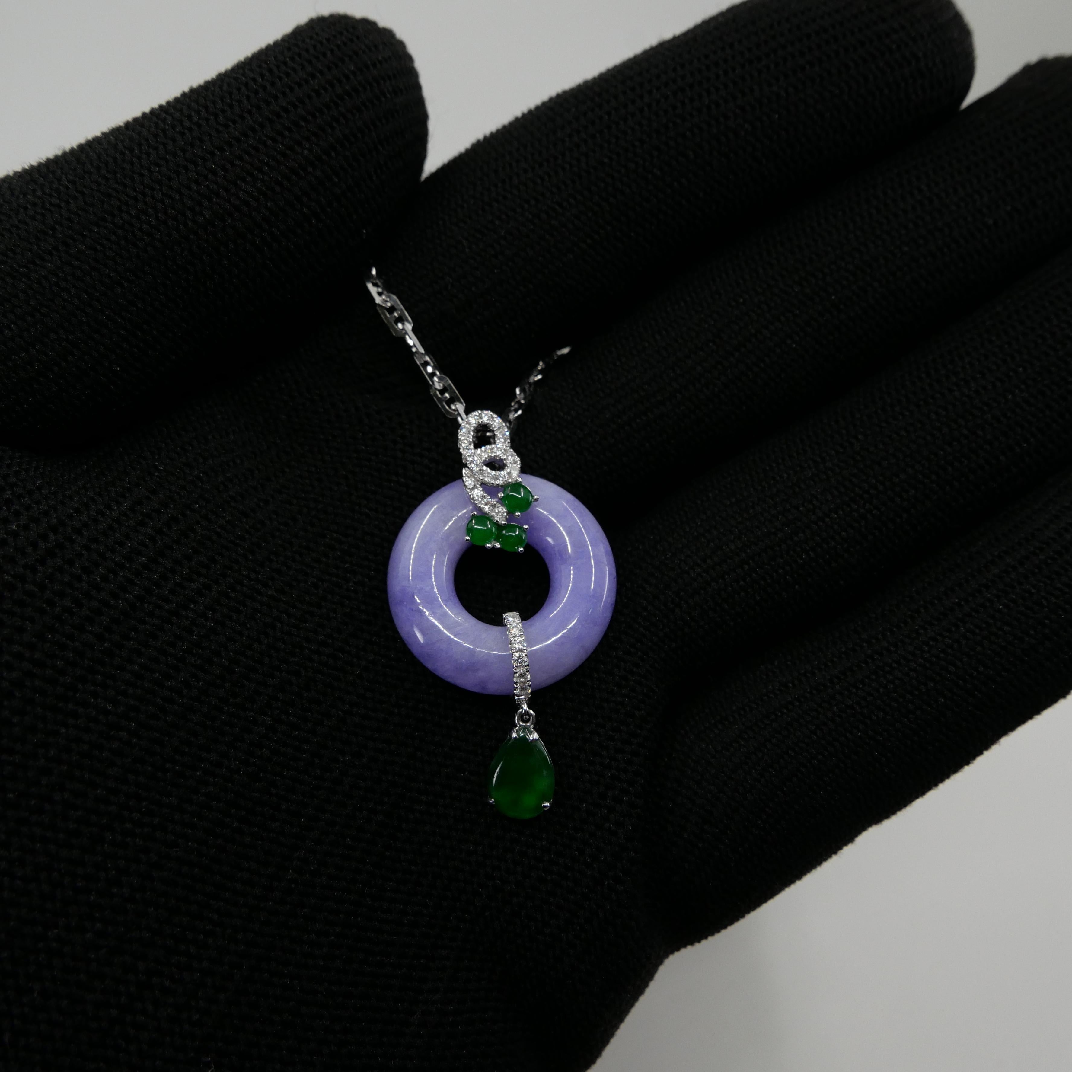 Certified Lavender & Imperial Green Jade Diamond Pendant Drop Necklace.  11